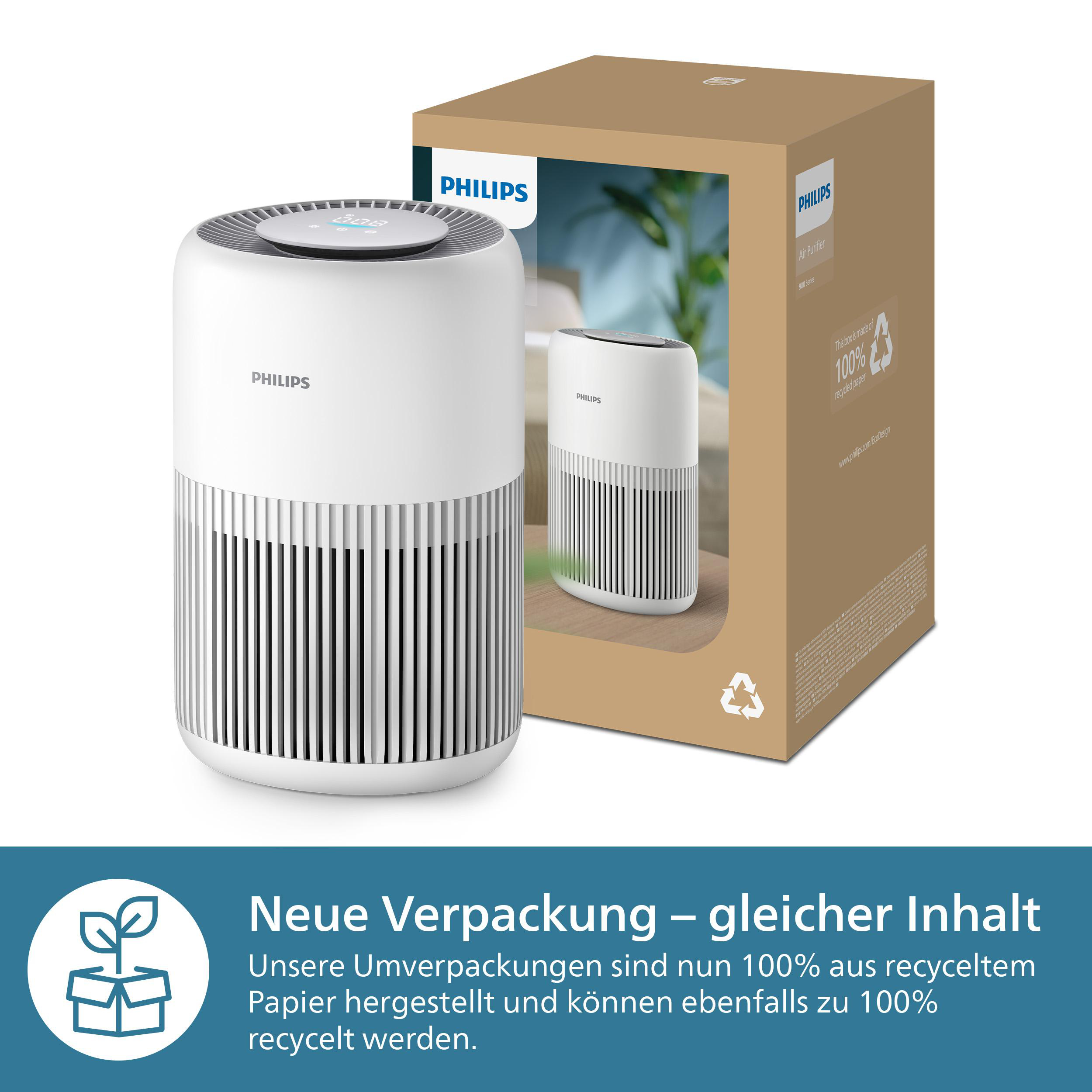 Ein weißer Philips Luftreiniger und seine Verpackung. Die Verpackung ist braun mit Philips Logo und Text.