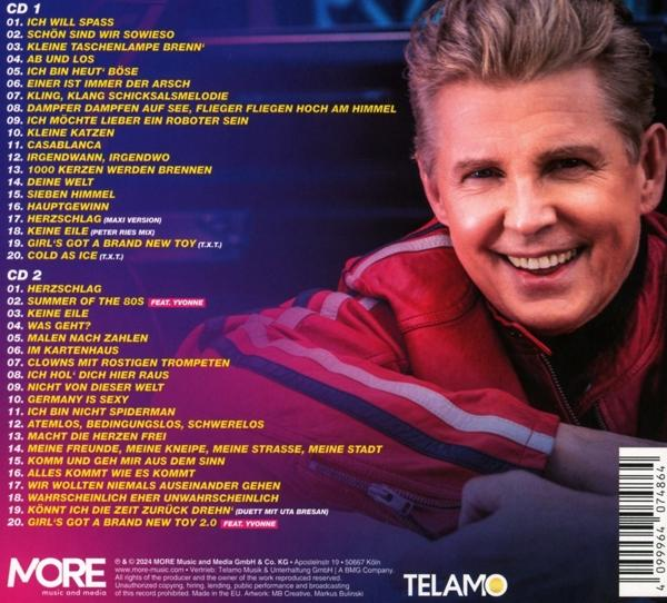 Album-Rückseite mit Titelliste und einem lächelnden Mann mit Text.