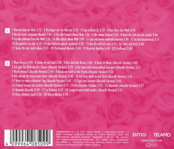 Rosa CD-Cover mit Songtiteln und Copyright-Informationen. Weißer Text auf Rosa.
