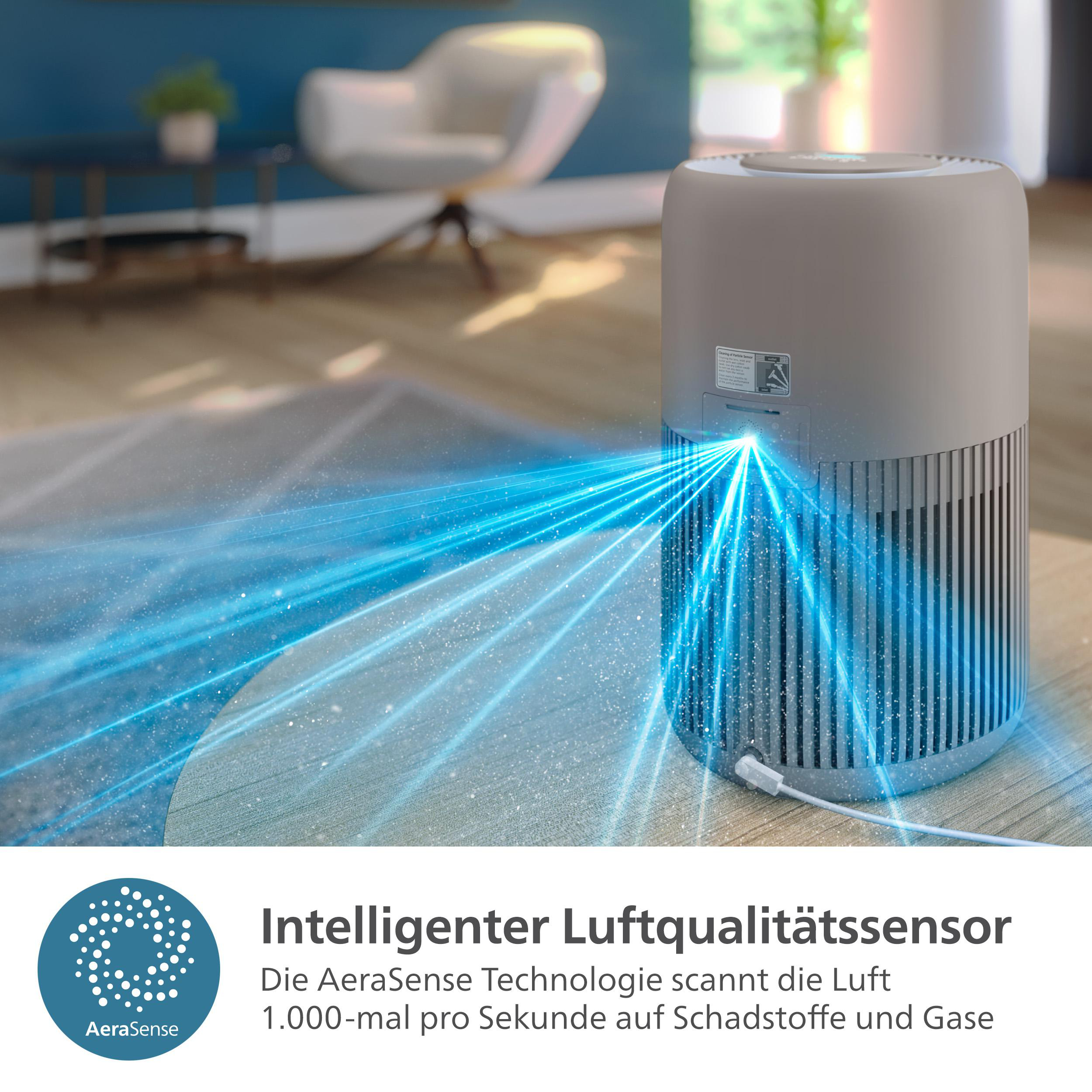 Luftreiniger mit blauen Lichtstrahlen. In einem Raum befindet sich im Hintergrund ein weißer Stuhl.