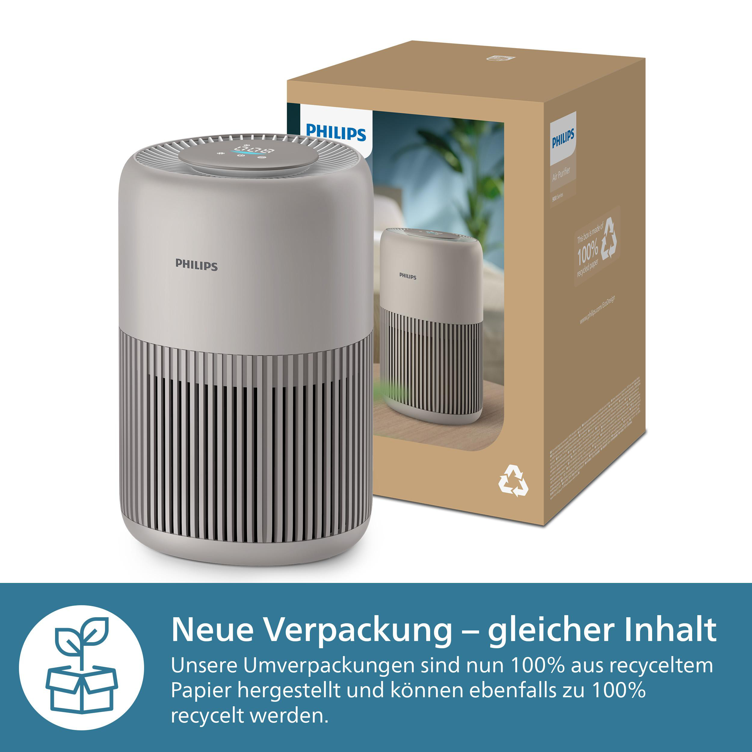 Ein grauer Philips Luftreiniger neben einem Karton mit Text und einem Recycling-Symbol.
