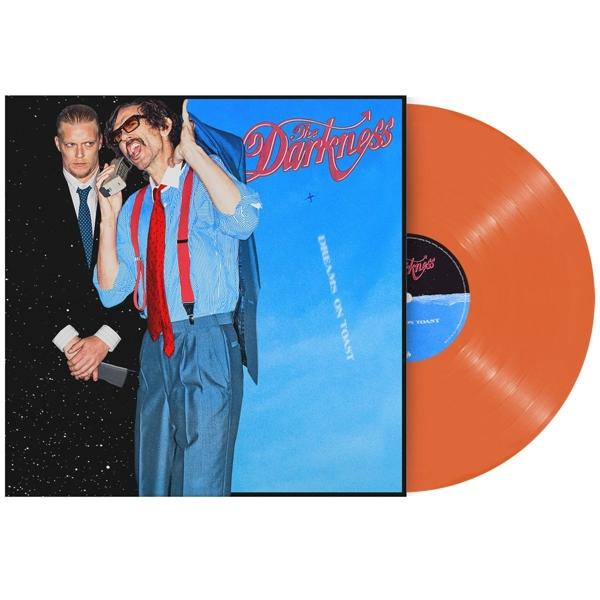 Albumcover mit zwei Männern. Einer im Anzug, einer mit gestreiftem Hemd und roter Krawatte hält eine Jacke und Vinyl.