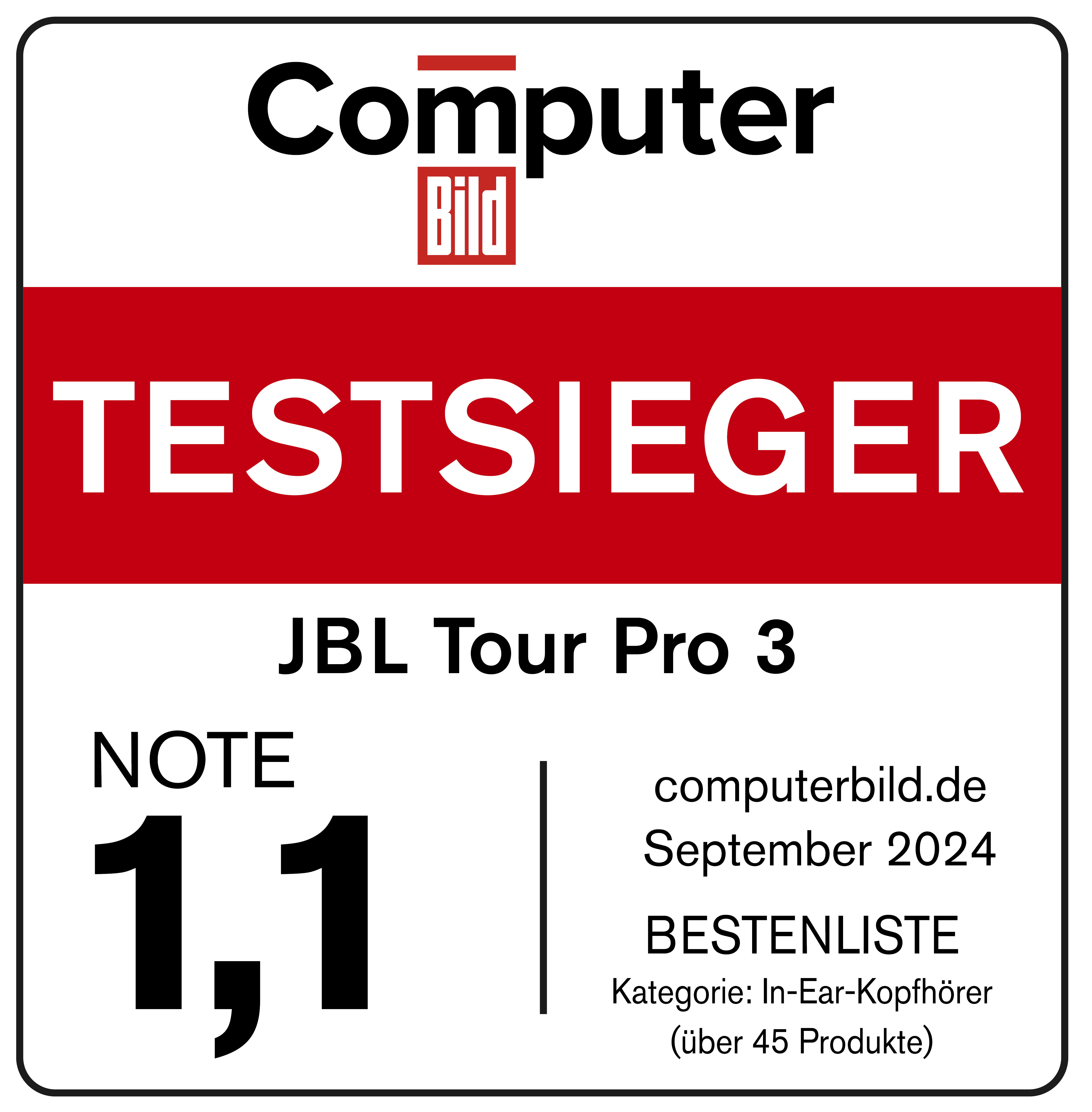 Premio Computer Bild: quadrato bianco e rosso con testo, JBL Tour Pro 3 e punteggio 1.1.