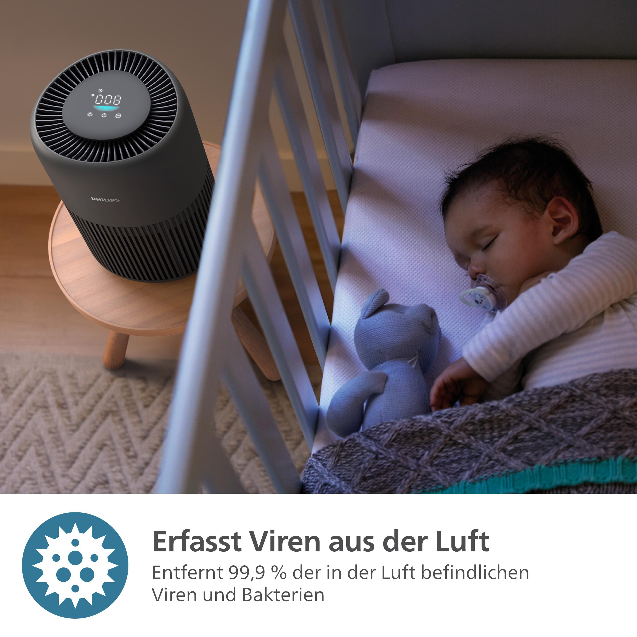 Schlafendes Baby im Kinderbett mit Teddybär und Luftreiniger, Text auf Deutsch.