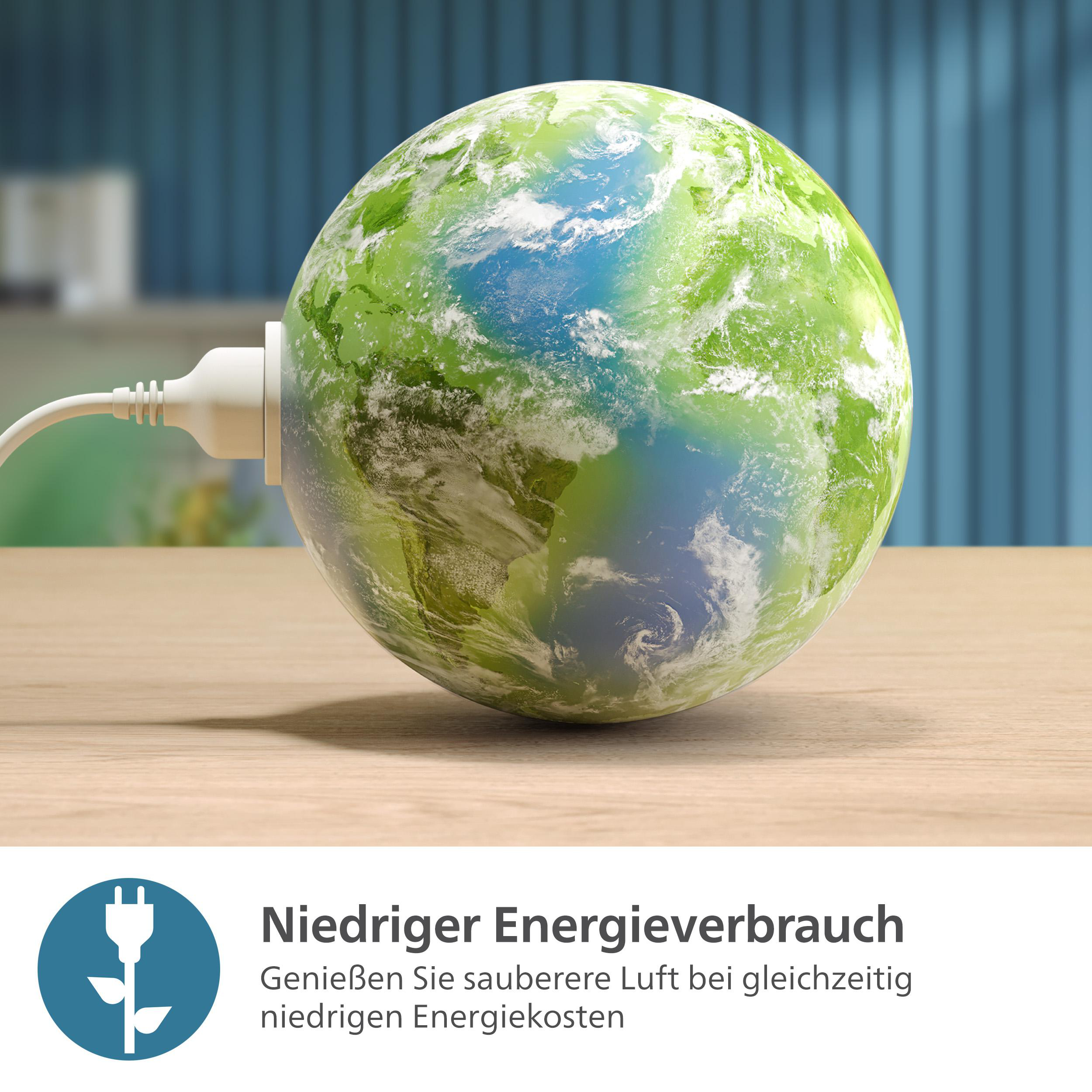 Ein Erdball wird eingesteckt, was Energieeinsparung symbolisiert.