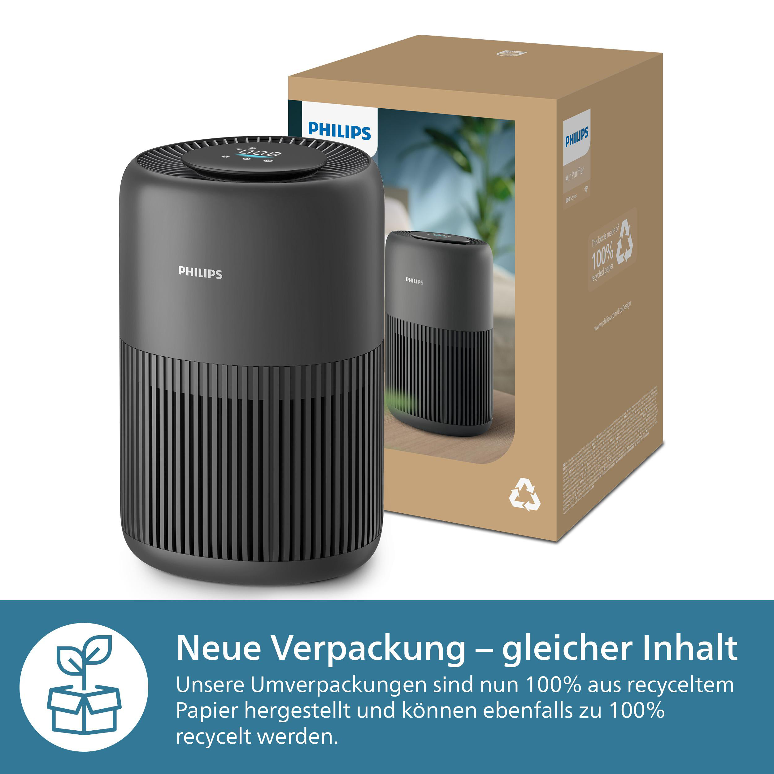 Schwarzer Philips Luftreiniger mit Karton. Text auf Deutsch: Neue Verpackung - gleicher Inhalt.