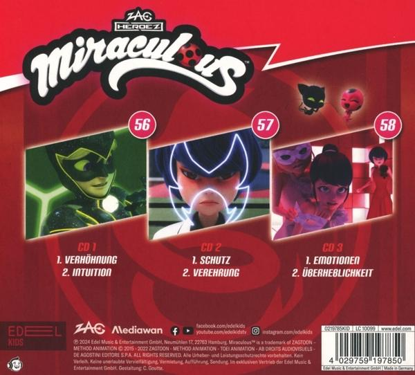 Miraculous CD-Cover mit drei Charakteren. Hintergrund mit Text und Logos.