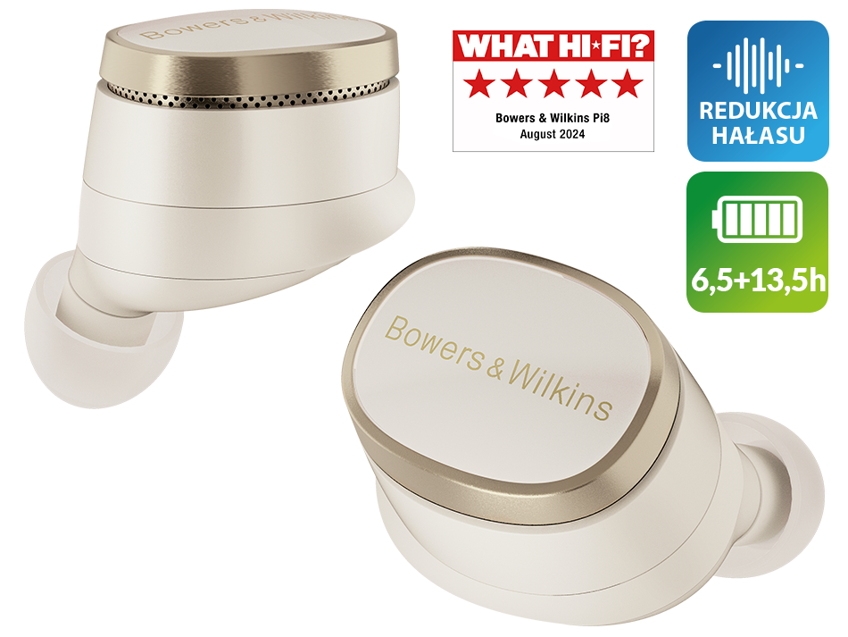 Białe i złote bezprzewodowe słuchawki. Tekst i ikony dotyczące redukcji szumów i żywotności baterii.