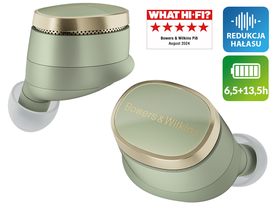 Zielone i złote słuchawki z tekstem wskazującym redukcję szumów i żywotność baterii.