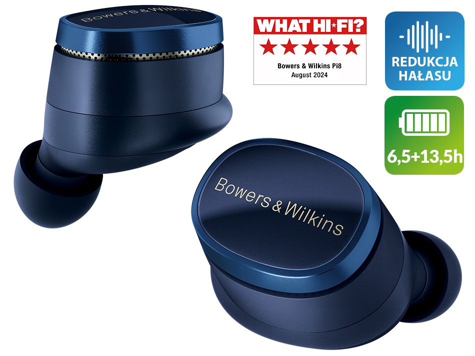 Ciemnoniebieskie słuchawki z logo i specyfikacjami. Pudełko pokazuje recenzje i żywotność baterii.