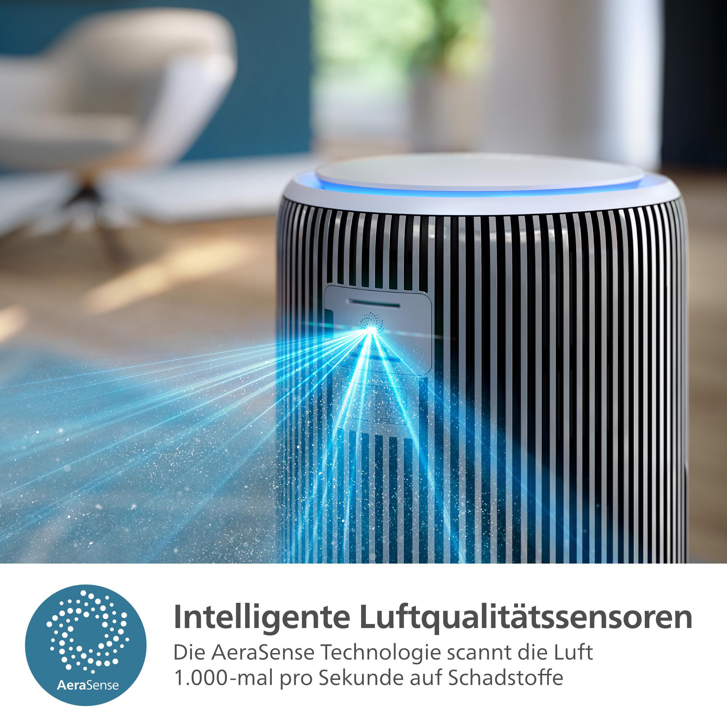 Luftreiniger mit schwarz-weißem Design, blaue Luft, weiße Oberseite.