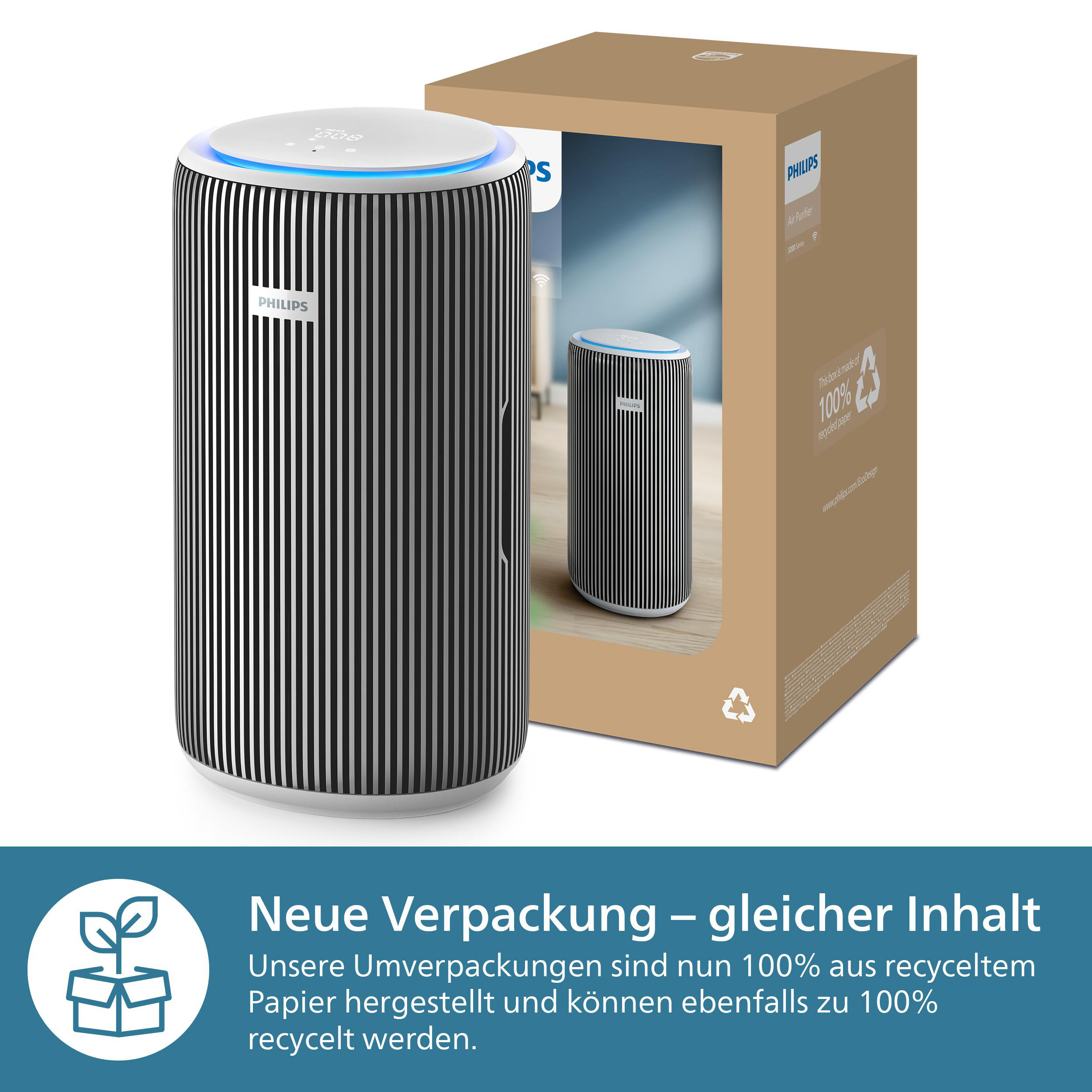 Luftreiniger mit Karton. Der Reiniger ist weiß, der Karton braun.