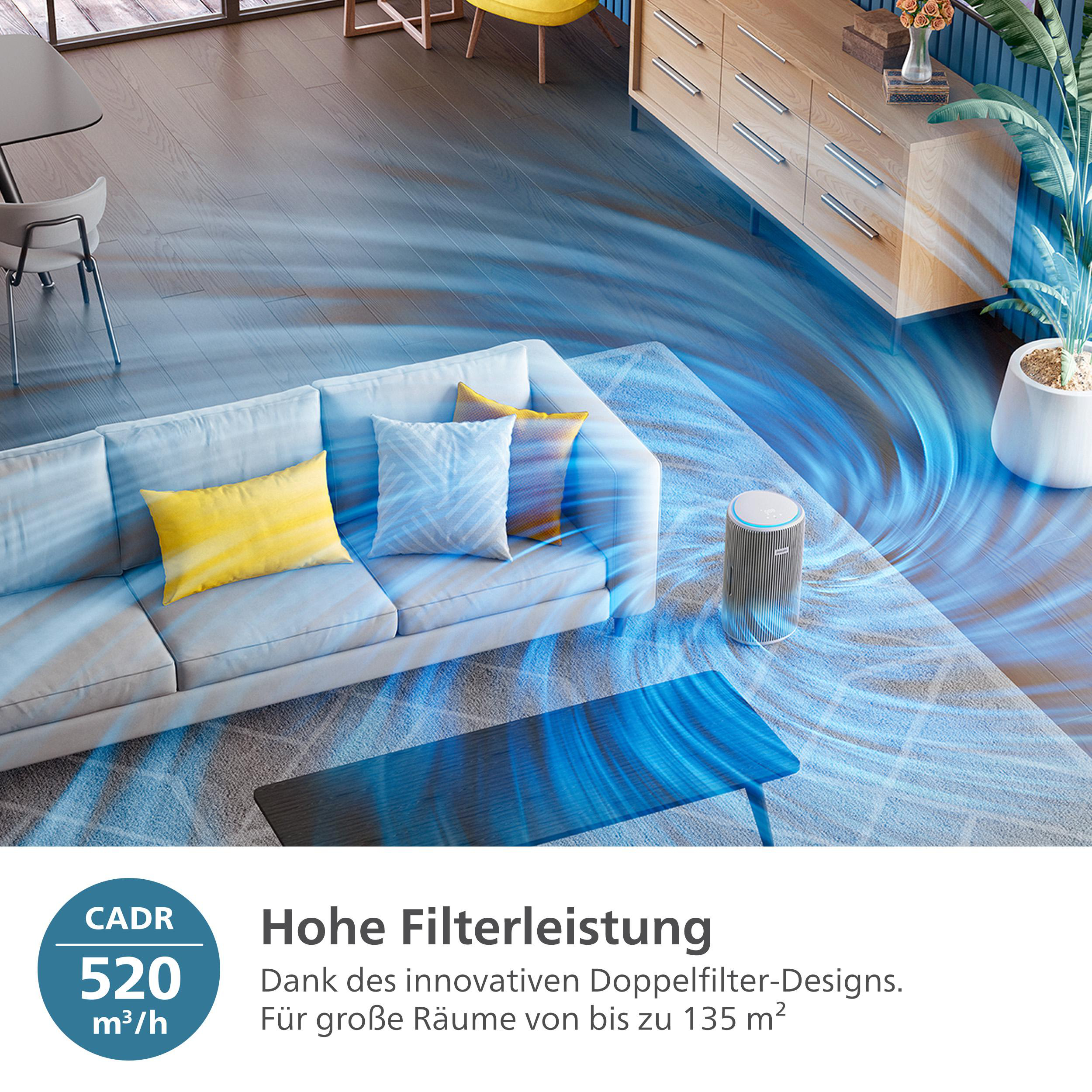 Ein Luftreiniger in einem Wohnzimmer mit Couch, Tisch und Pflanze. Blaue Wirbel zeigen den Luftstrom an.