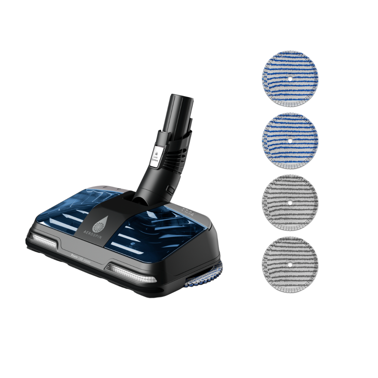 Black vacuum head with blue and silver accents. Four circular cleaning pads are next to the head.