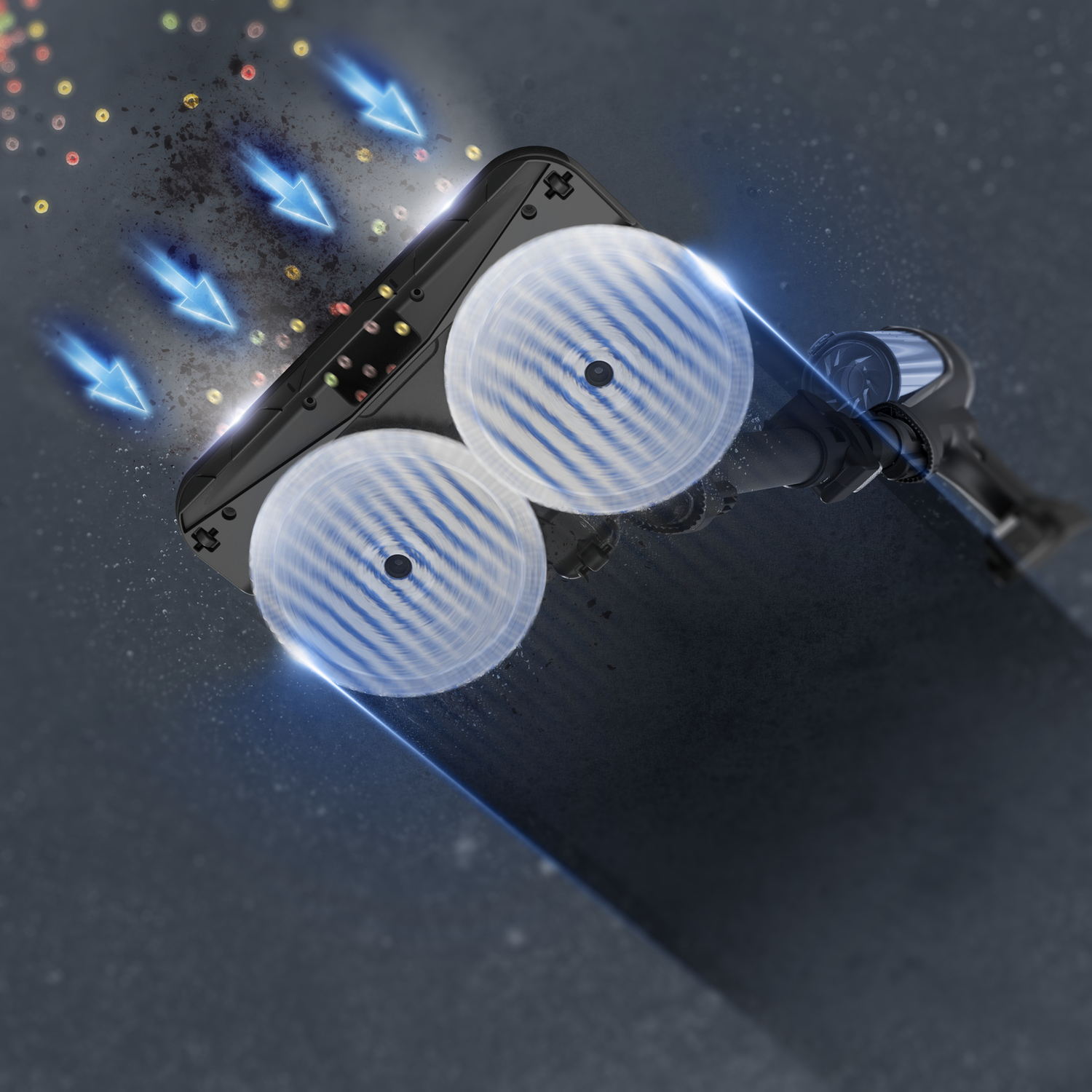 A vacuum cleaner head with blue arrows illustrating suction. Debris and particles are visible.