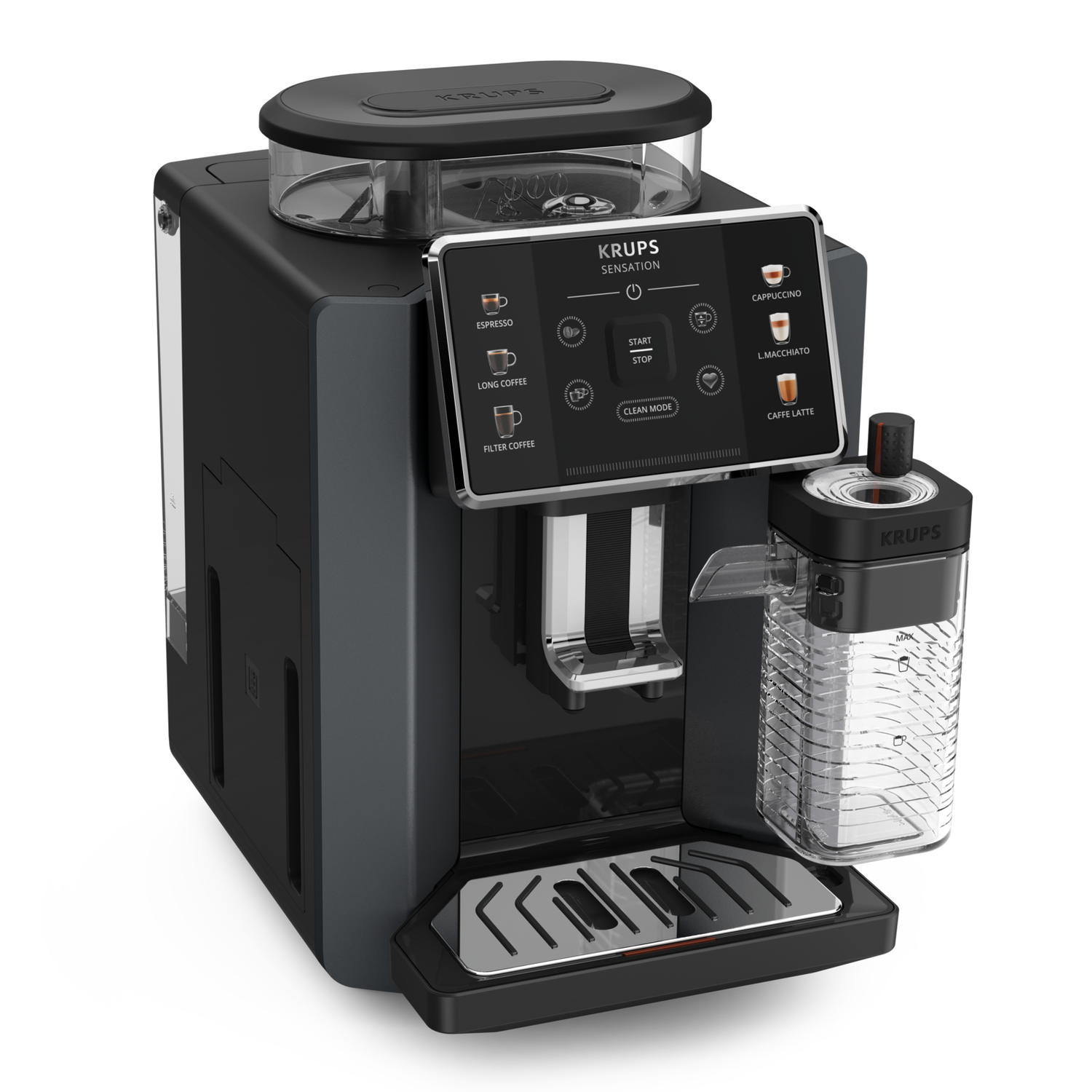 Een zwarte en grijze koffiemachine met een digitaal display. Witte achtergrond.