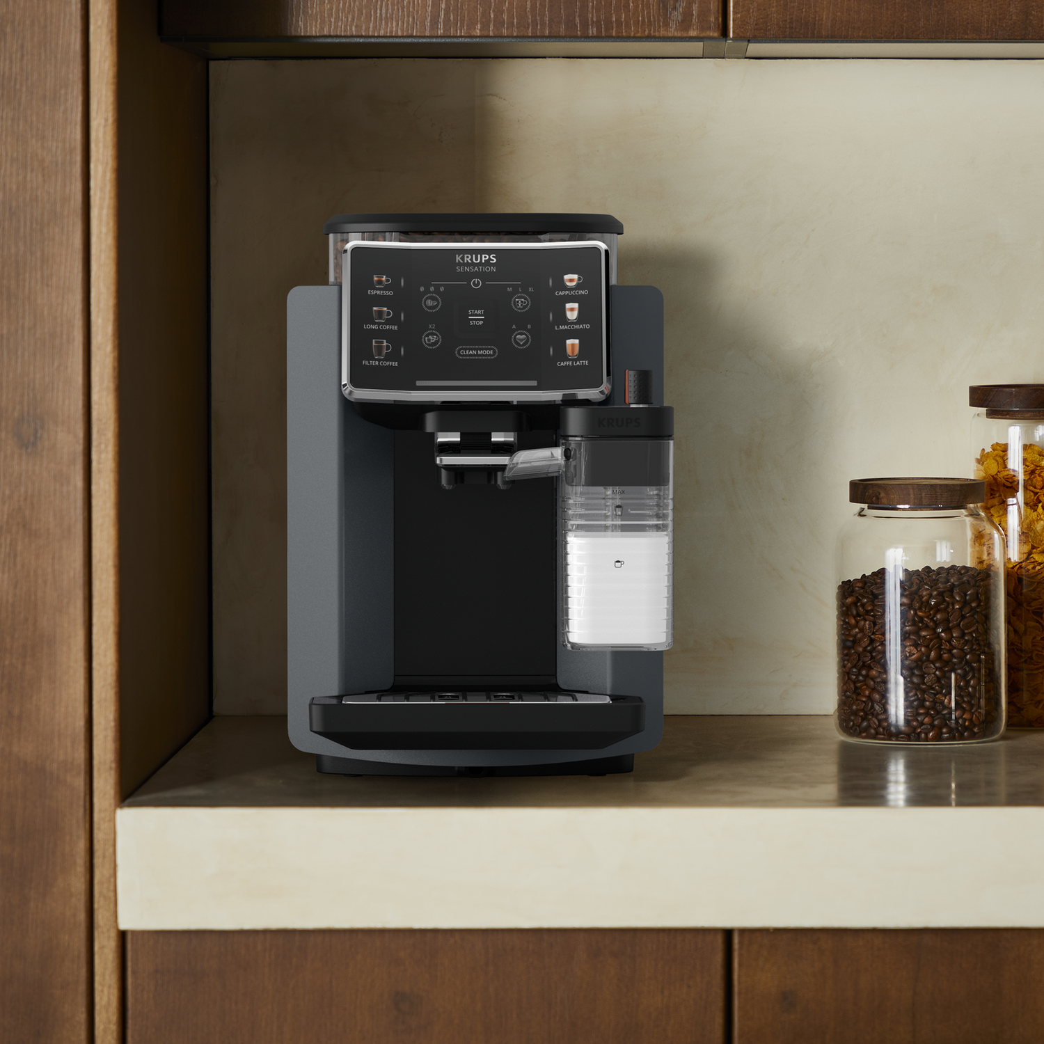 Krups koffiemachine op aanrecht.