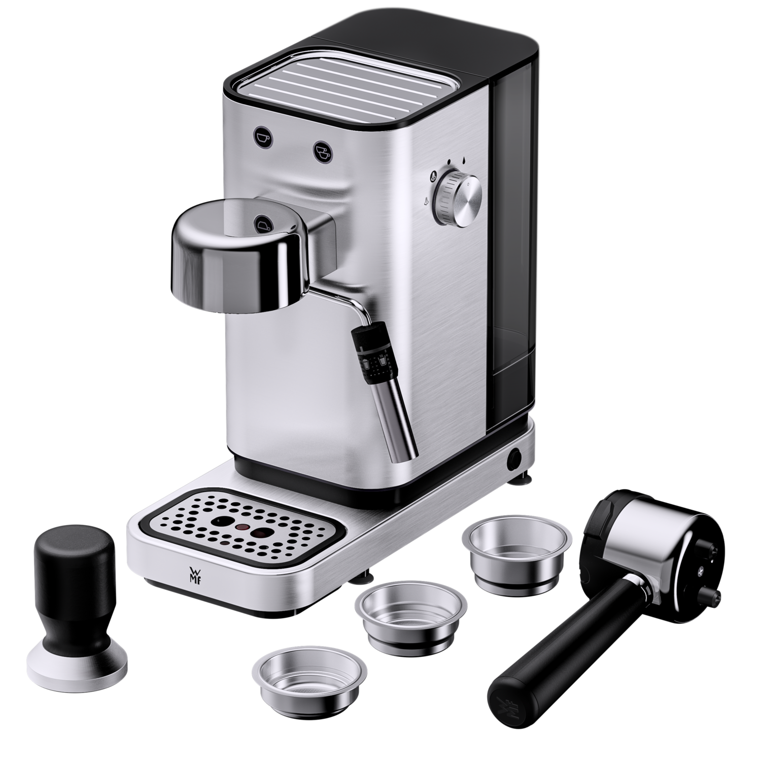 Silver espresso machine with accessories, including a tamper and portafilter. Black background.