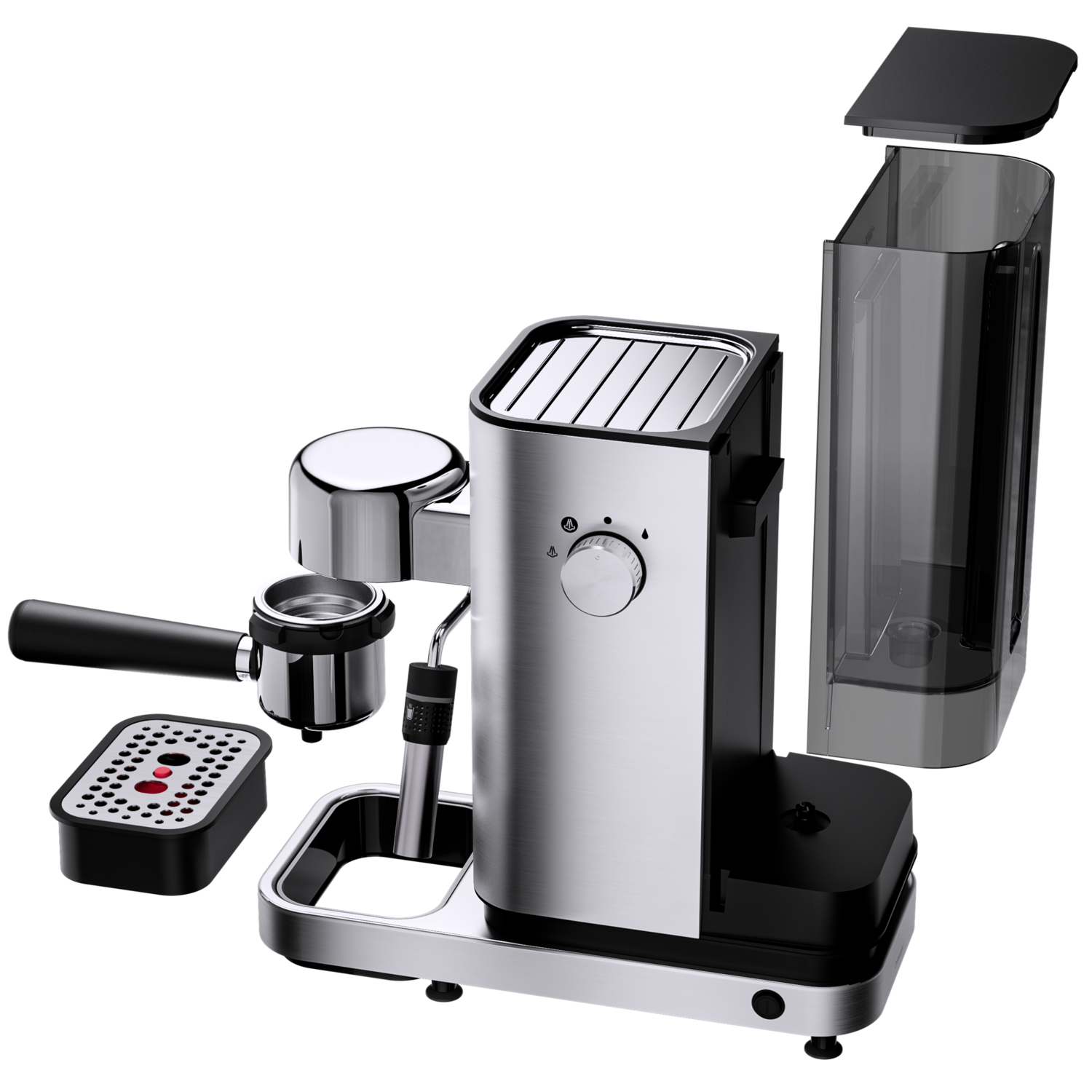 Espresso machine, disassembled, showing parts on a black surface, with a black background.