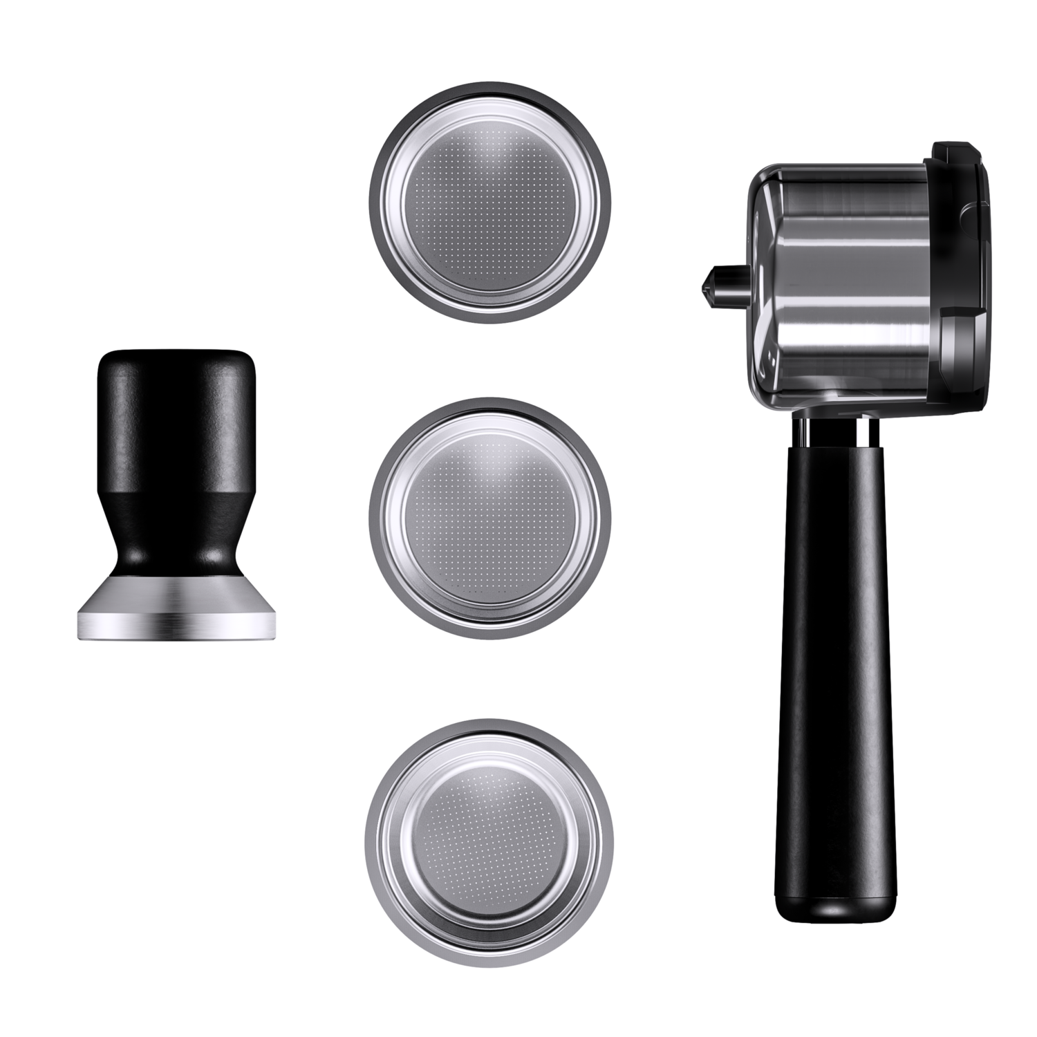 Coffee machine parts laid out: tamper, three filters, and a portafilter handle.