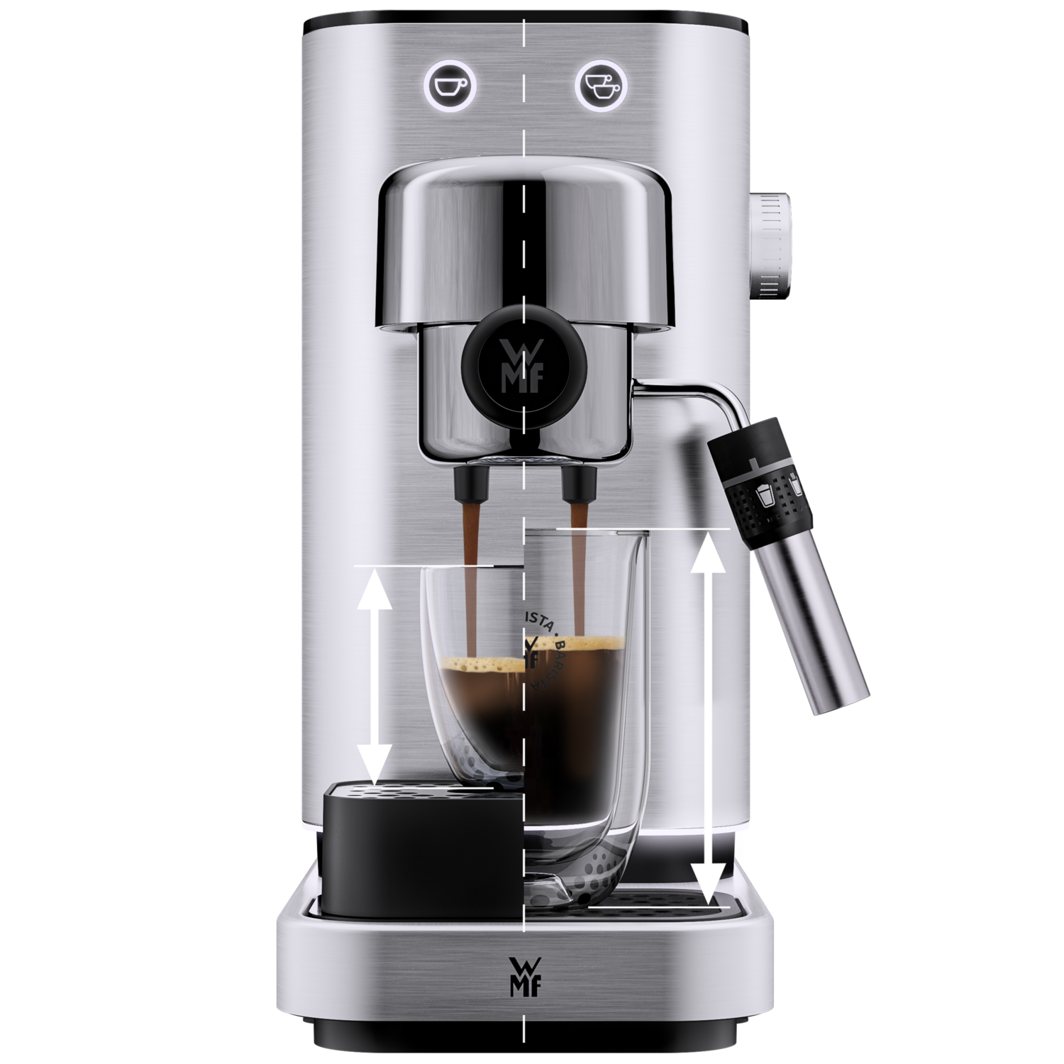 A silver espresso machine with coffee pouring into a glass. Arrows show the height adjustment for the glass.
