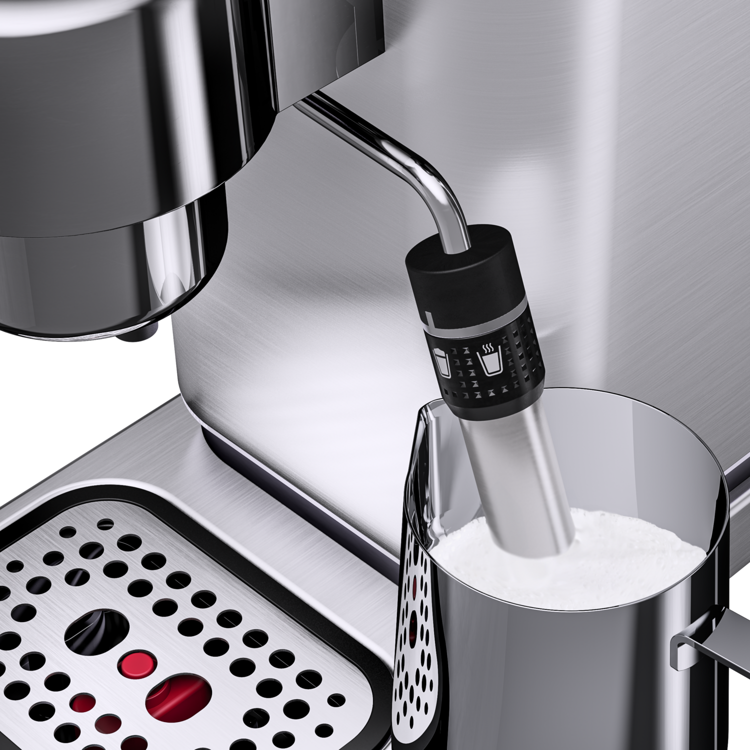 Espresso machine detail, milk frothing, silver jug, machine, and black nozzle.
