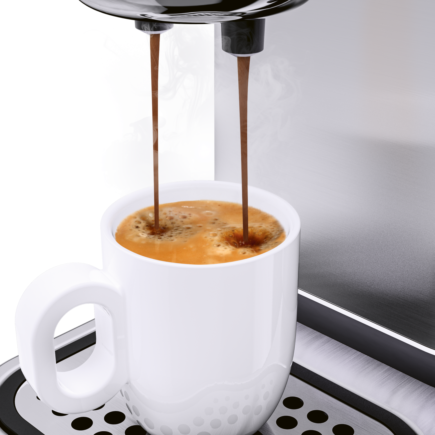 A white mug is filled with coffee. Coffee streams from a coffee machine's spout into the mug.