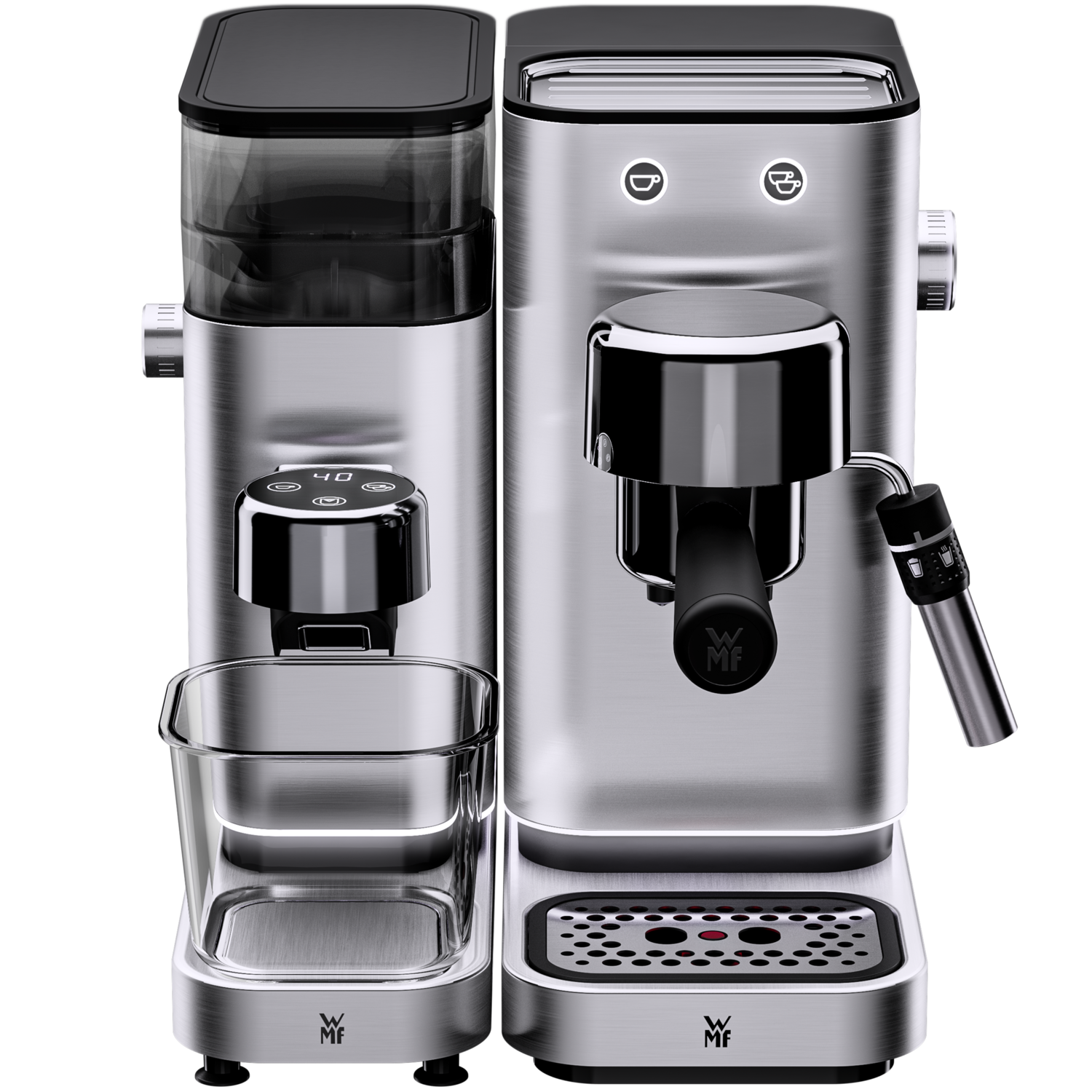 A modern chrome espresso machine with a grinder, a glass container, and a steam wand.