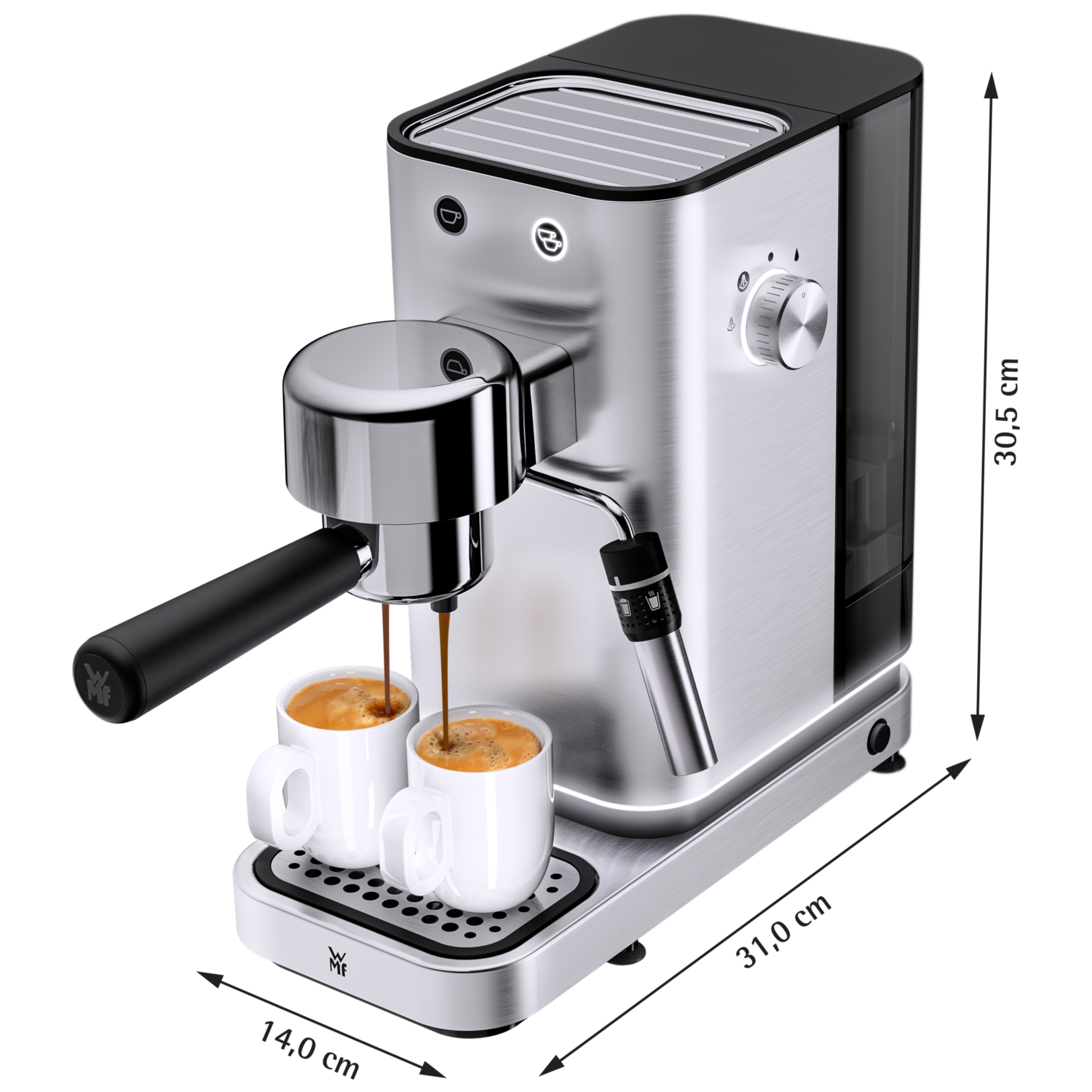 Stainless steel espresso machine. Two cups of coffee are being poured. Dimensions shown.