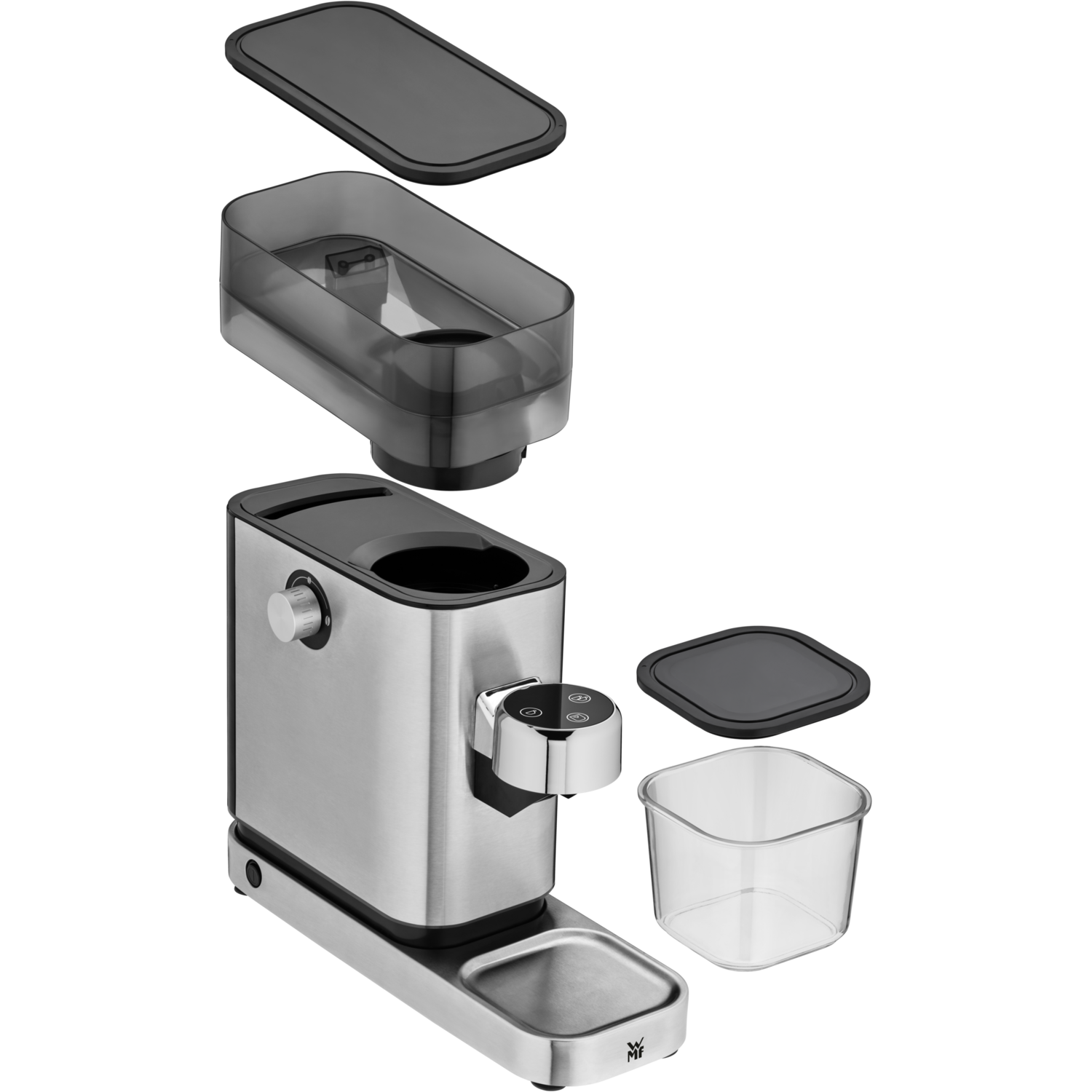 Deconstructed silver coffee maker with parts separated.