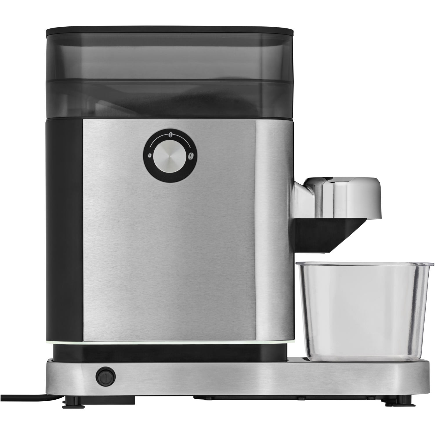 Silver and black coffee grinder with a container. Black background.