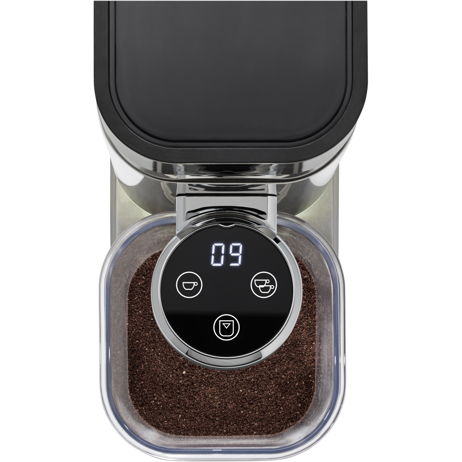 Top-down view of a coffee grinder with ground coffee inside, and a digital display.