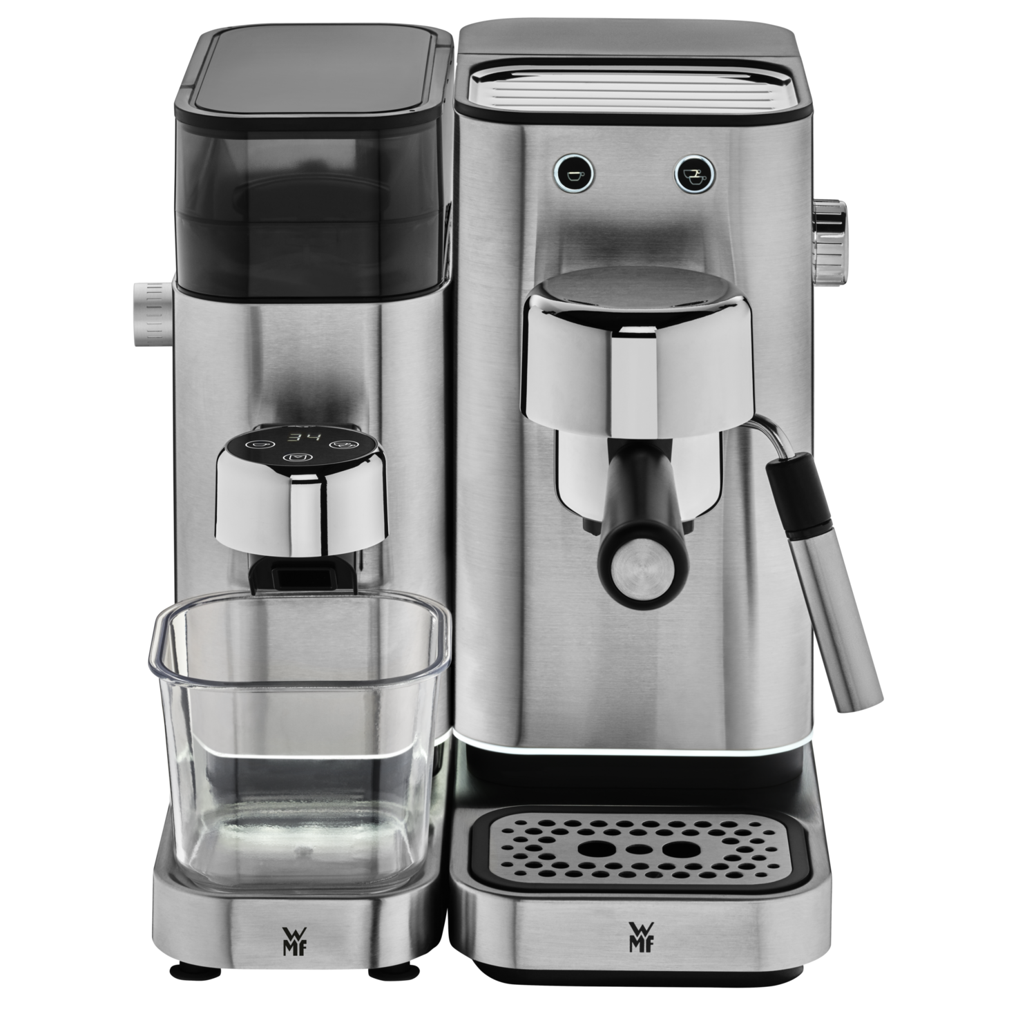 Silver espresso machine with a grinder. Clear water tank and a black handle.