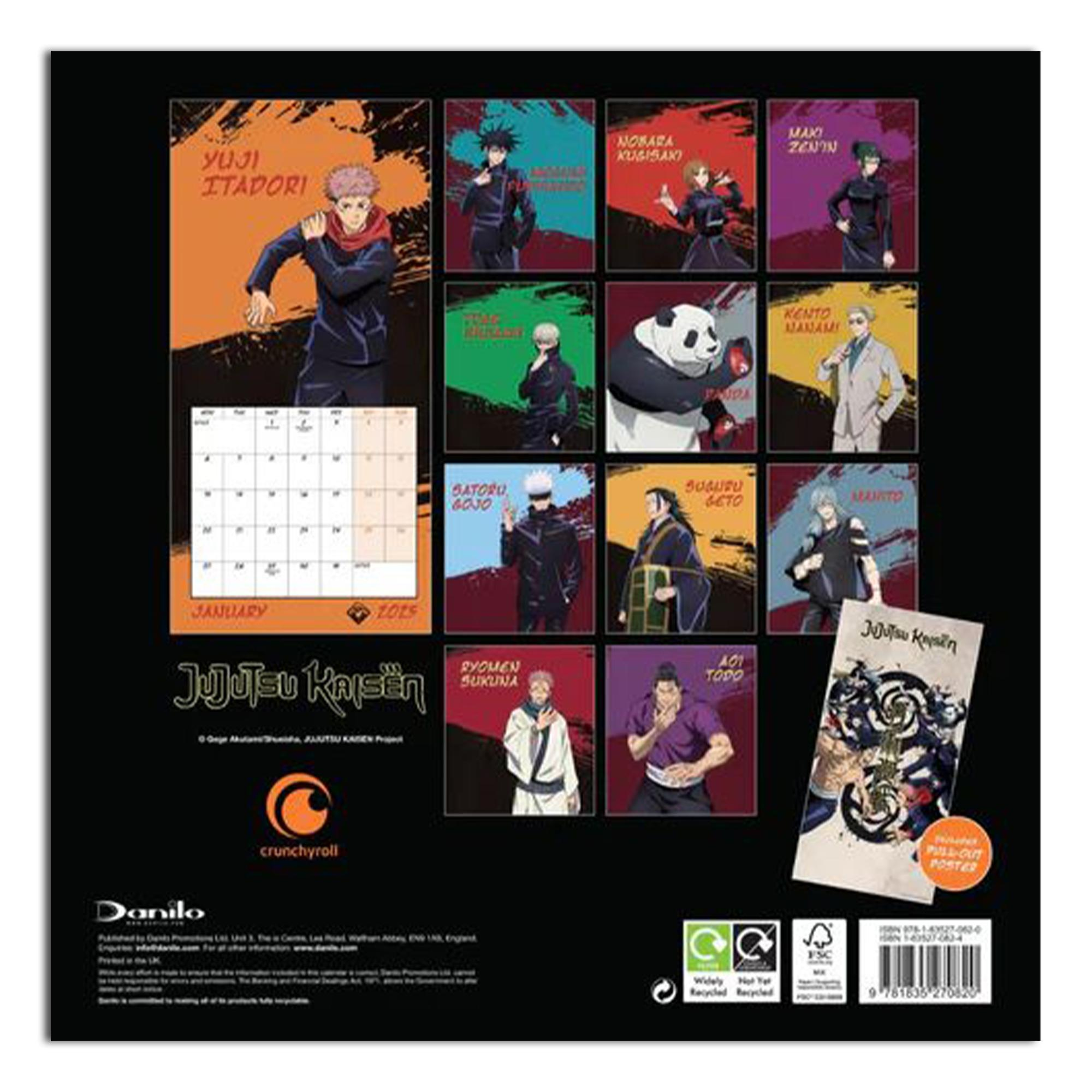 Ein Kalender mit Anime-Charakteren von Jujutsu Kaisen. Ein herausziehbarer Poster wird ebenfalls gezeigt.