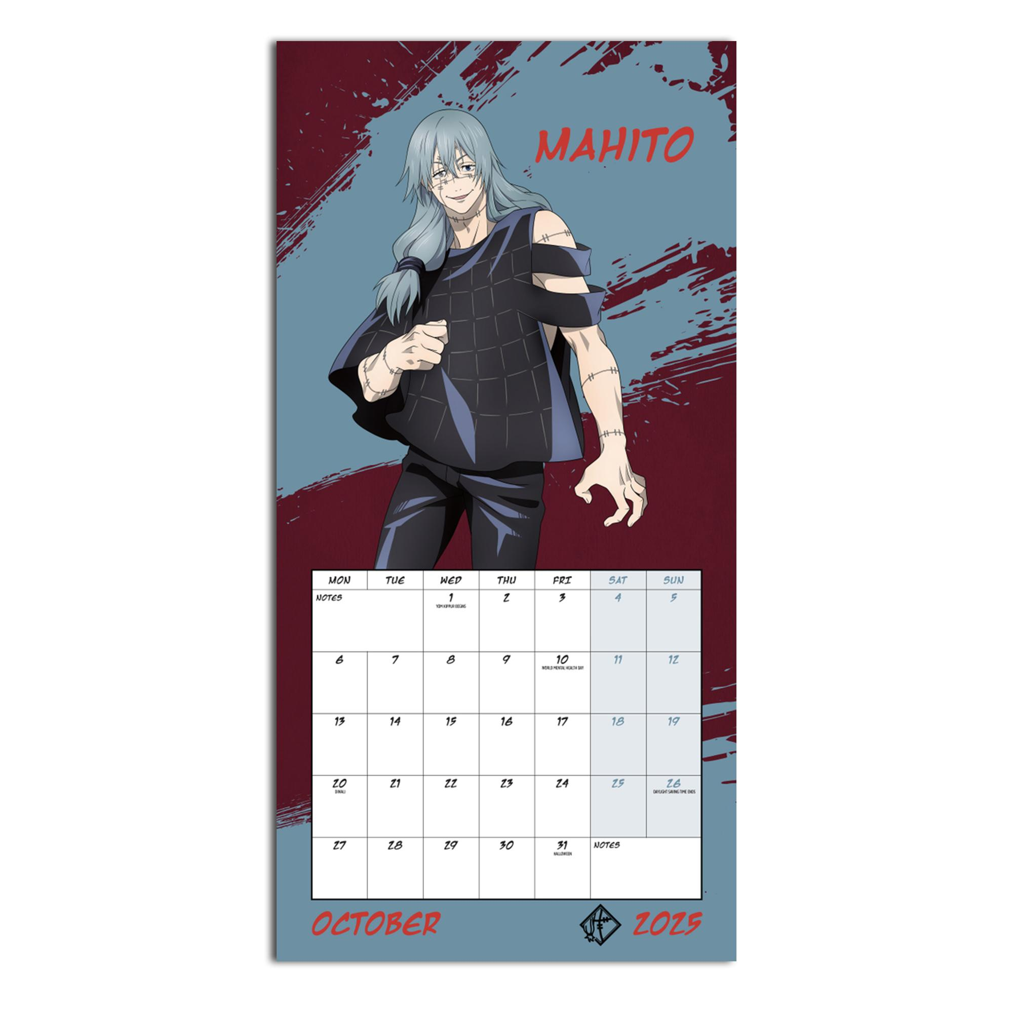 Ein Kalender mit Anime-Charakter Mahito und Oktober 2025 Kalender darunter.