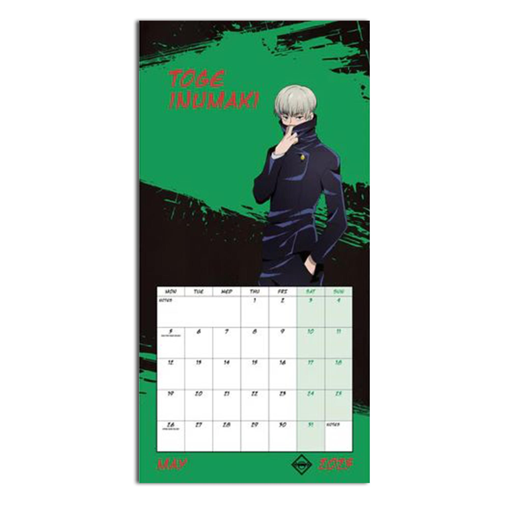 Ein Kalender mit Toge Inumaki von Jujutsu Kaisen, grüner Hintergrund und Monat Mai.