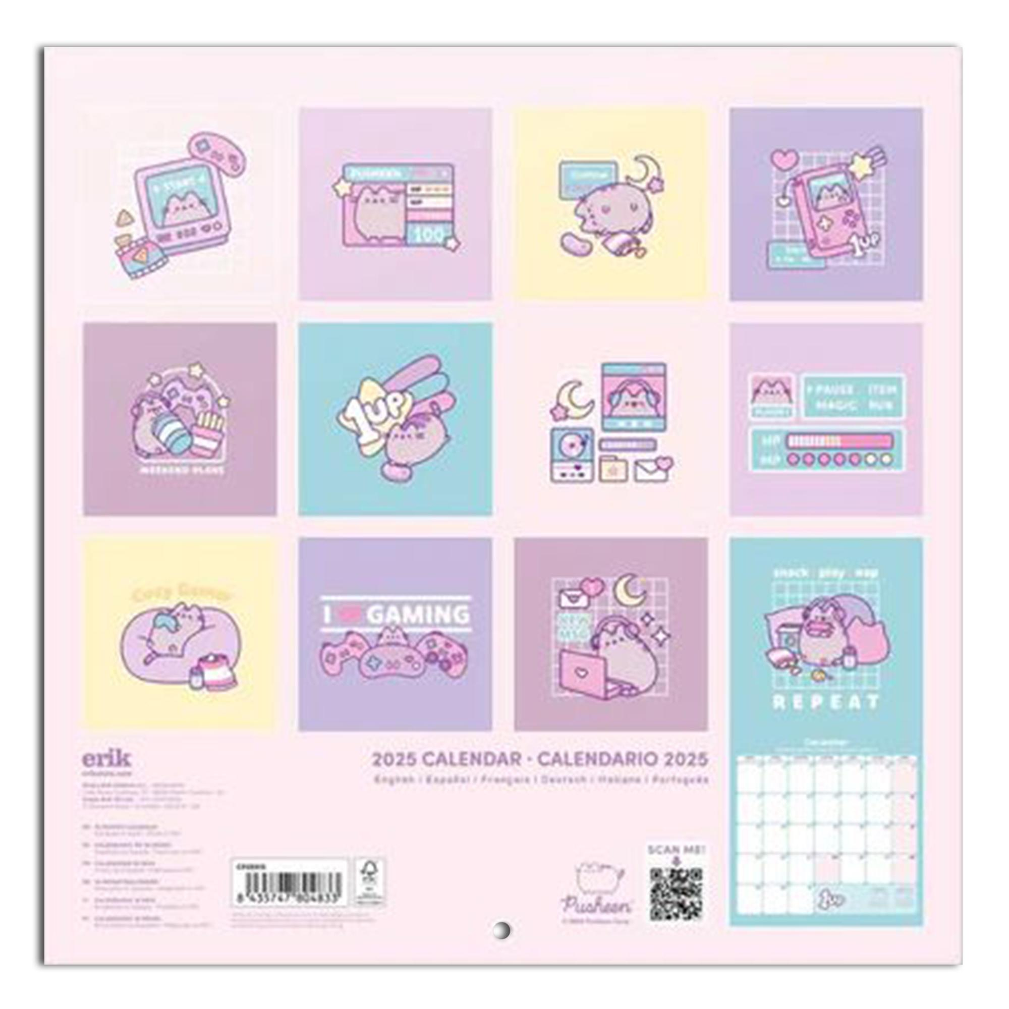 Bunte Kalenderseite mit Pusheen-Katzen-Illustrationen, Kalender 2025.