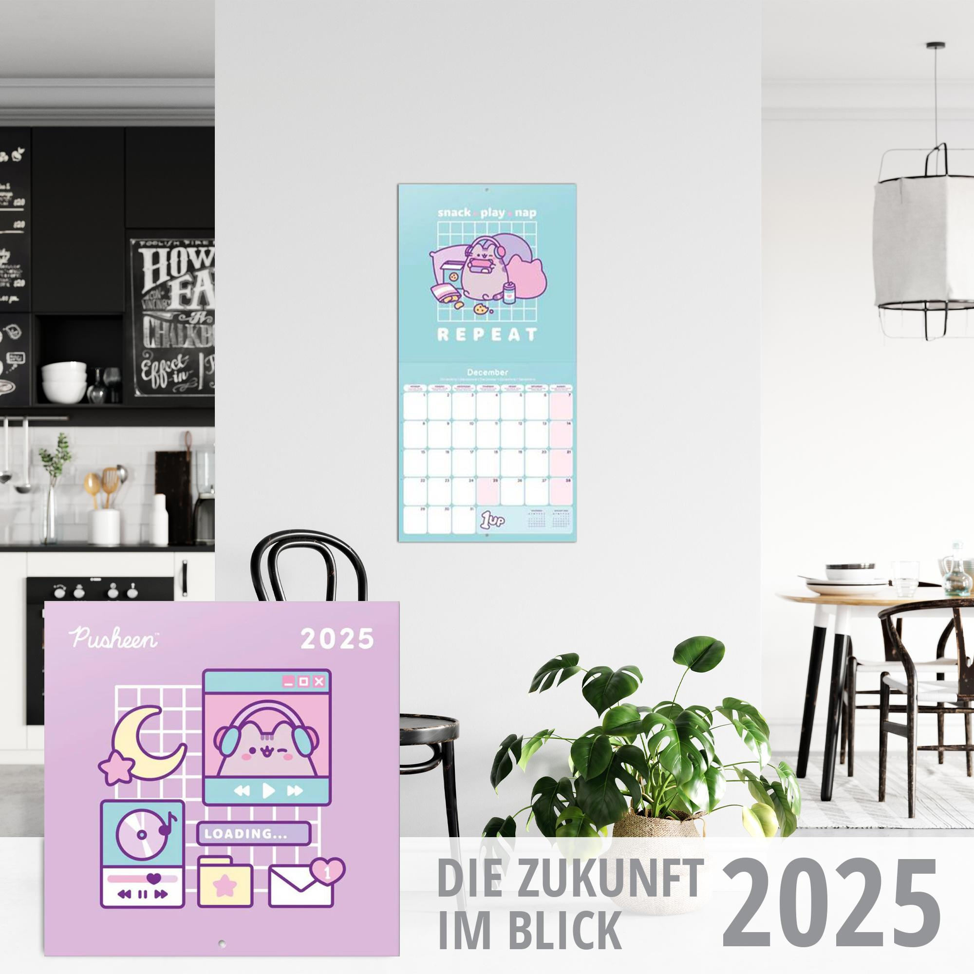 Pusheen-Kalender für 2025, mit Kalender und Pusheen-Illustrationen.
