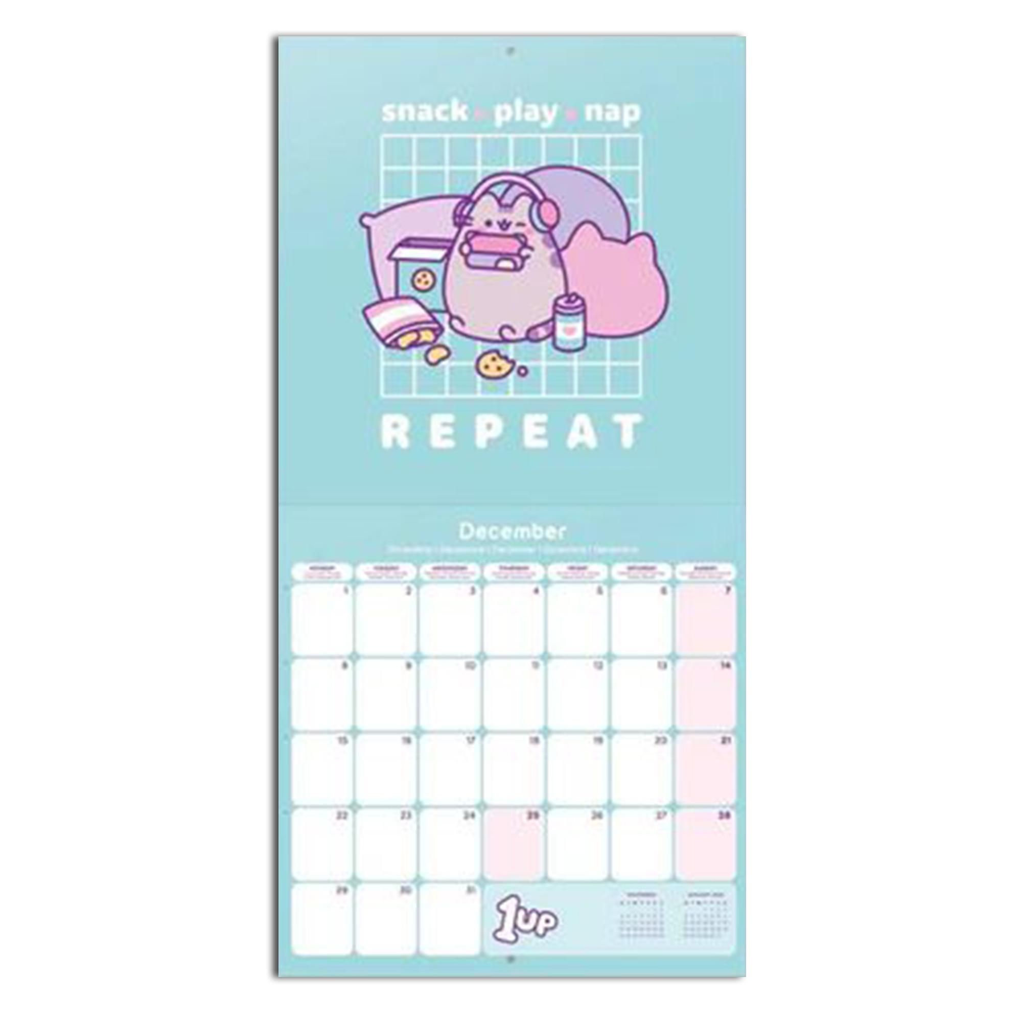 Ein Pusheen-Kalender mit einer niedlichen Katzenillustration und einem Dezember-Kalenderlayout.