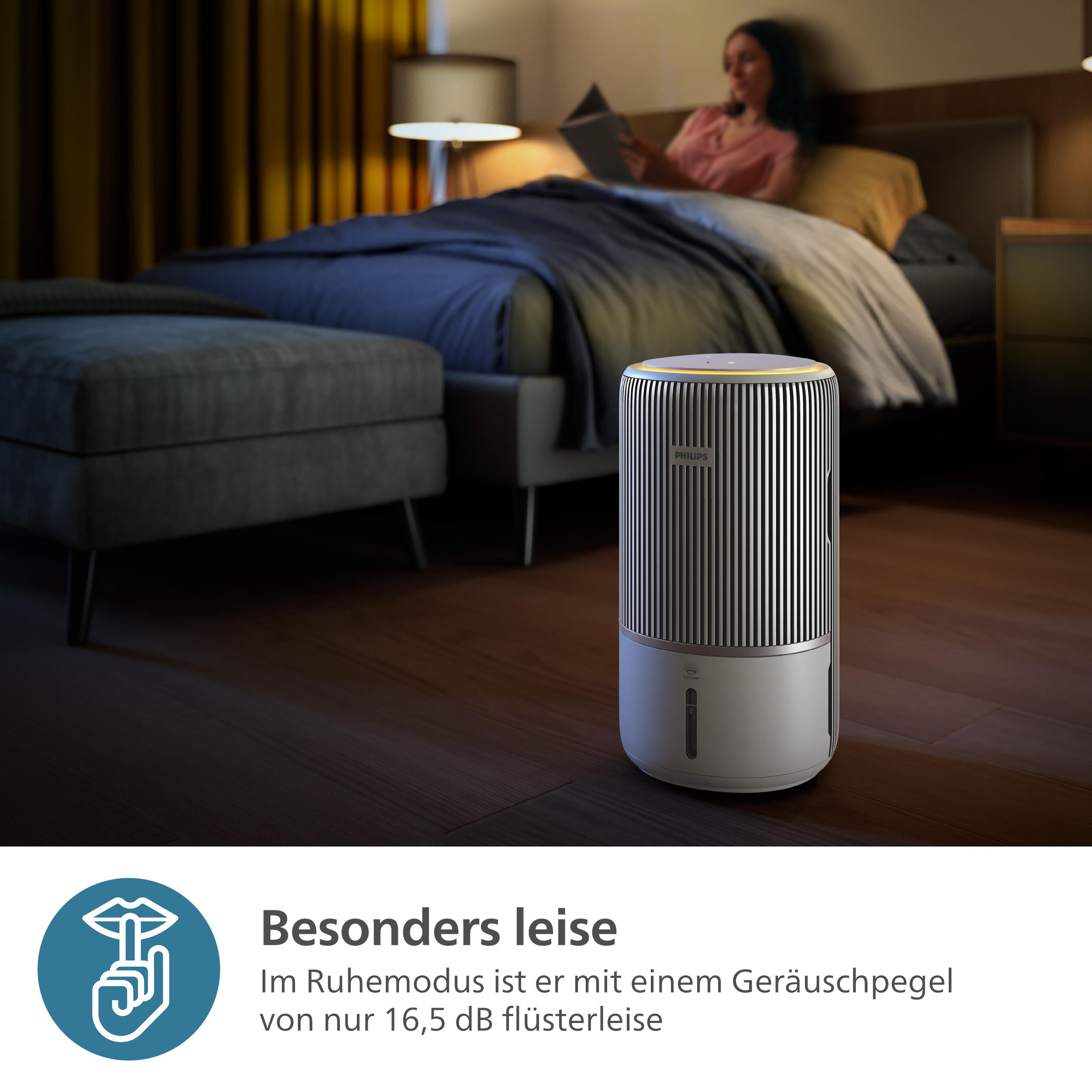 Luftreiniger im Schlafzimmer, Frau liest. Bett, Nachttisch, Lampe.
