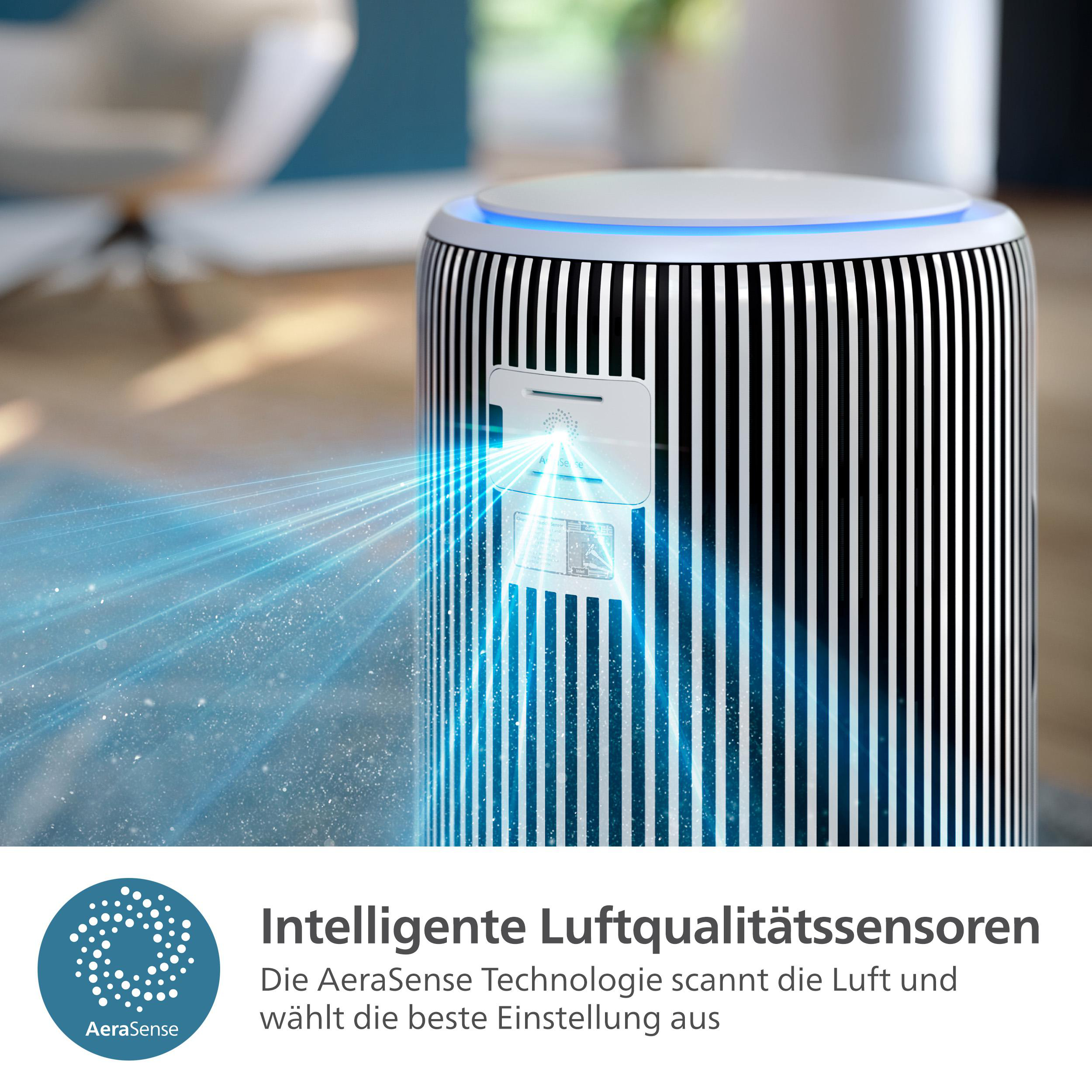 Luftreiniger mit blauem Licht, weißem und schwarzem Design, mit Text unten.