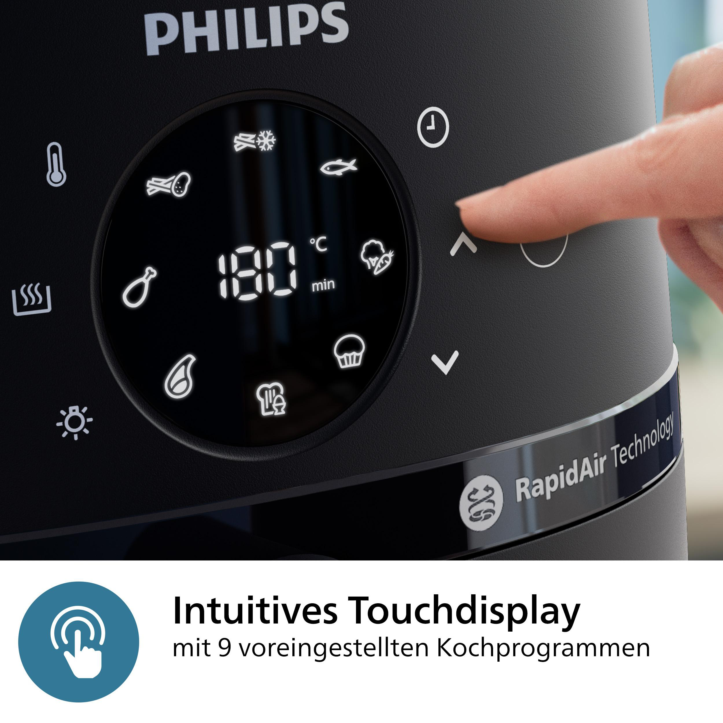 Nahaufnahme des Bedienfelds eines schwarzen Philips Airfryer, Finger berührt den Aufwärtspfeil.