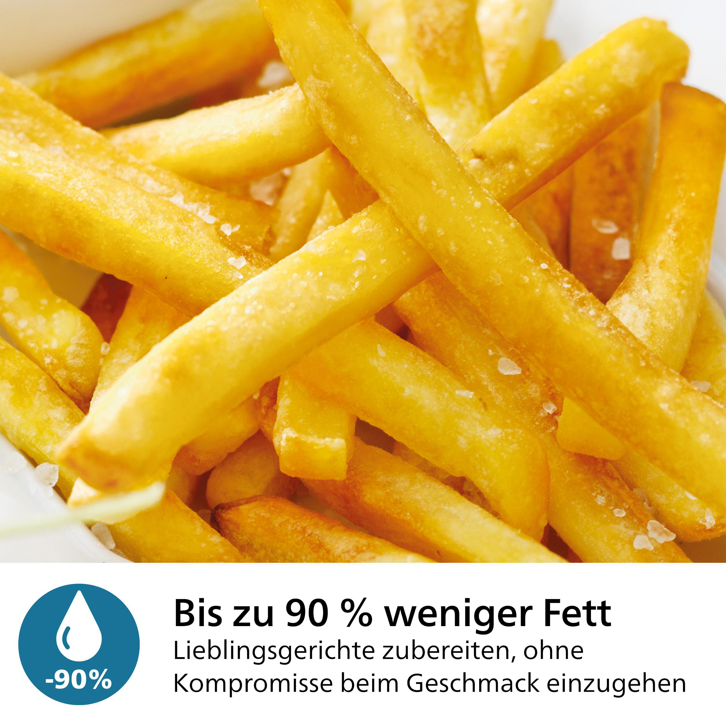 Nahaufnahme von goldenen Pommes Frites mit Text, der besagt, dass sie bis zu 90 % weniger Fett haben.