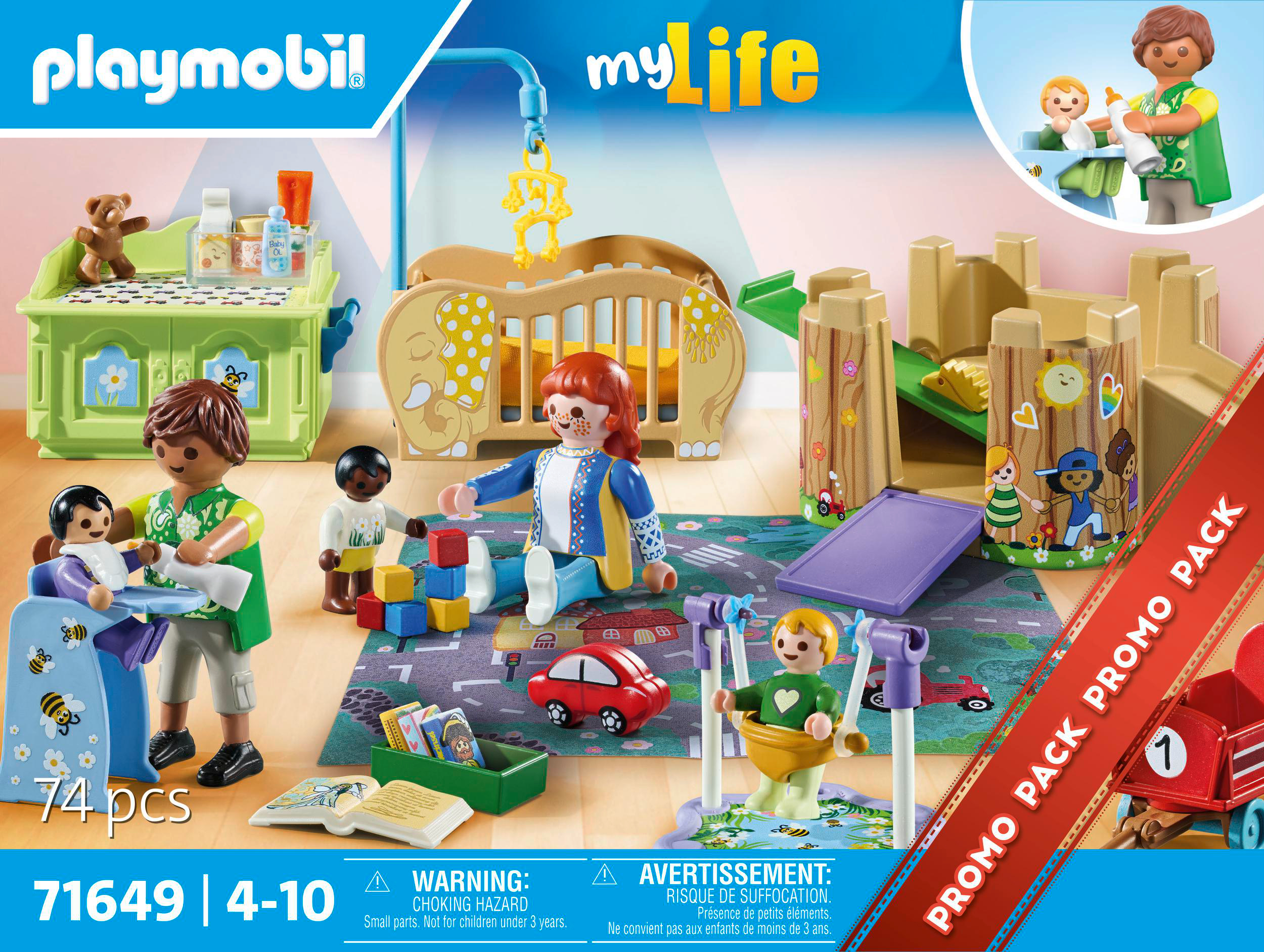 Playmobil My Life Spielset-Szene mit Figuren, Möbeln und Babyzubehör.