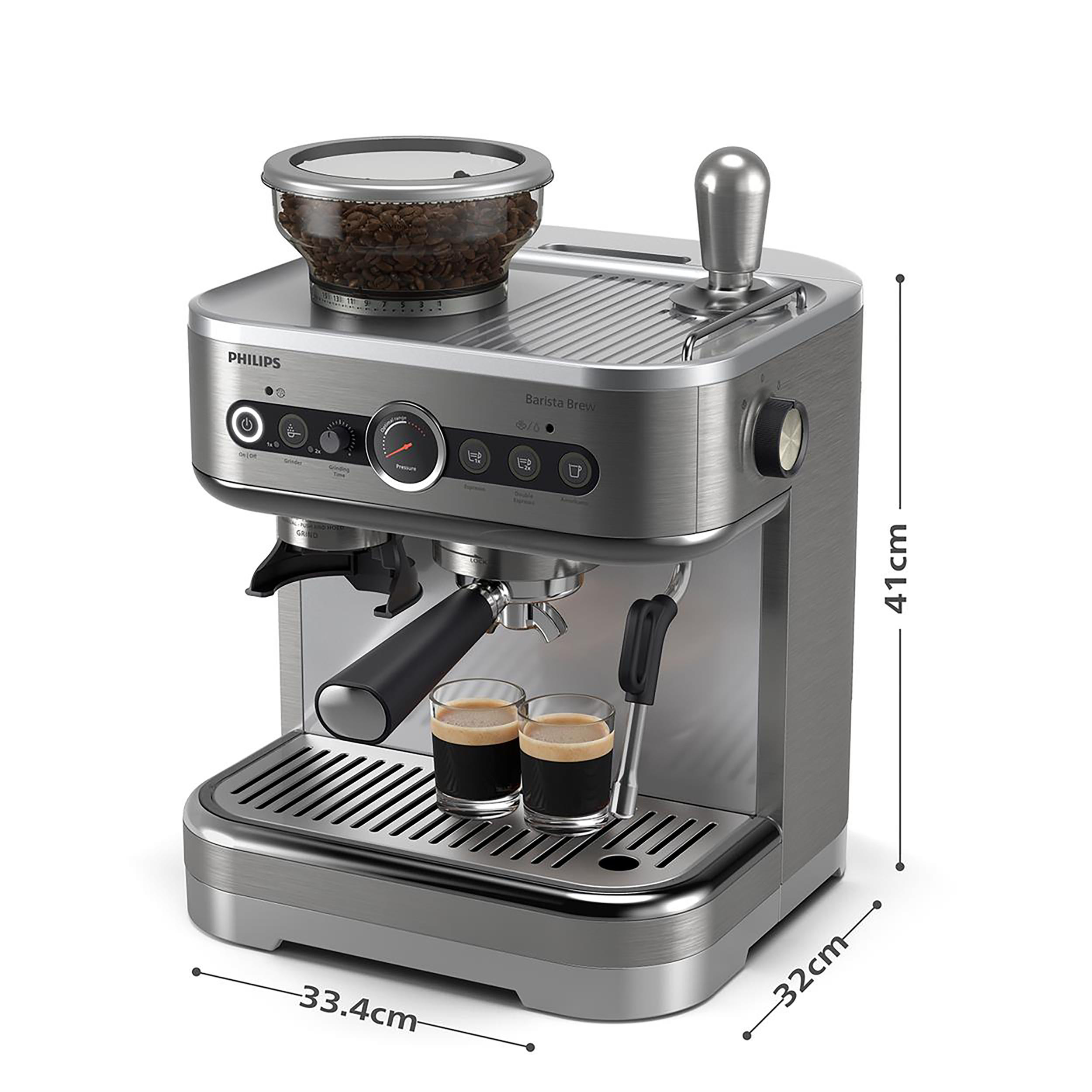 Eine silberne Espressomaschine mit zwei Gläsern.