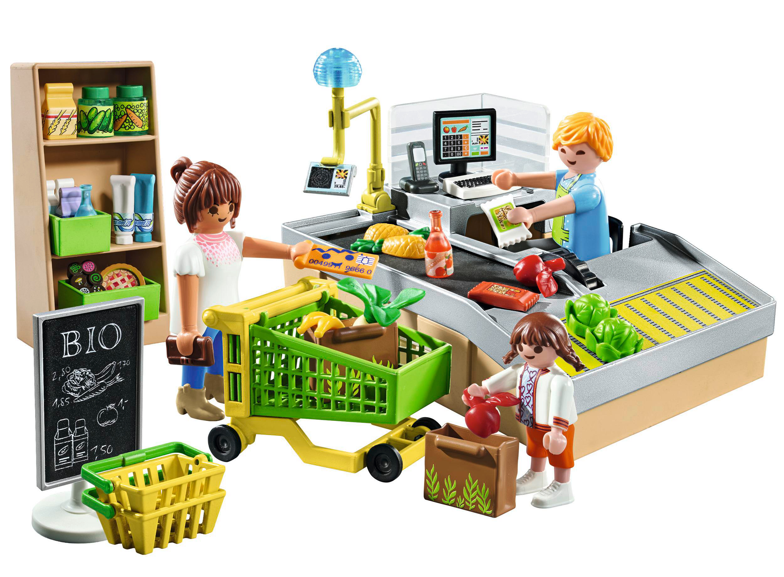 Eine Playmobil-Supermarktszene mit Figuren, einer Kasse, Einkaufswagen und Regalen mit Produkten.