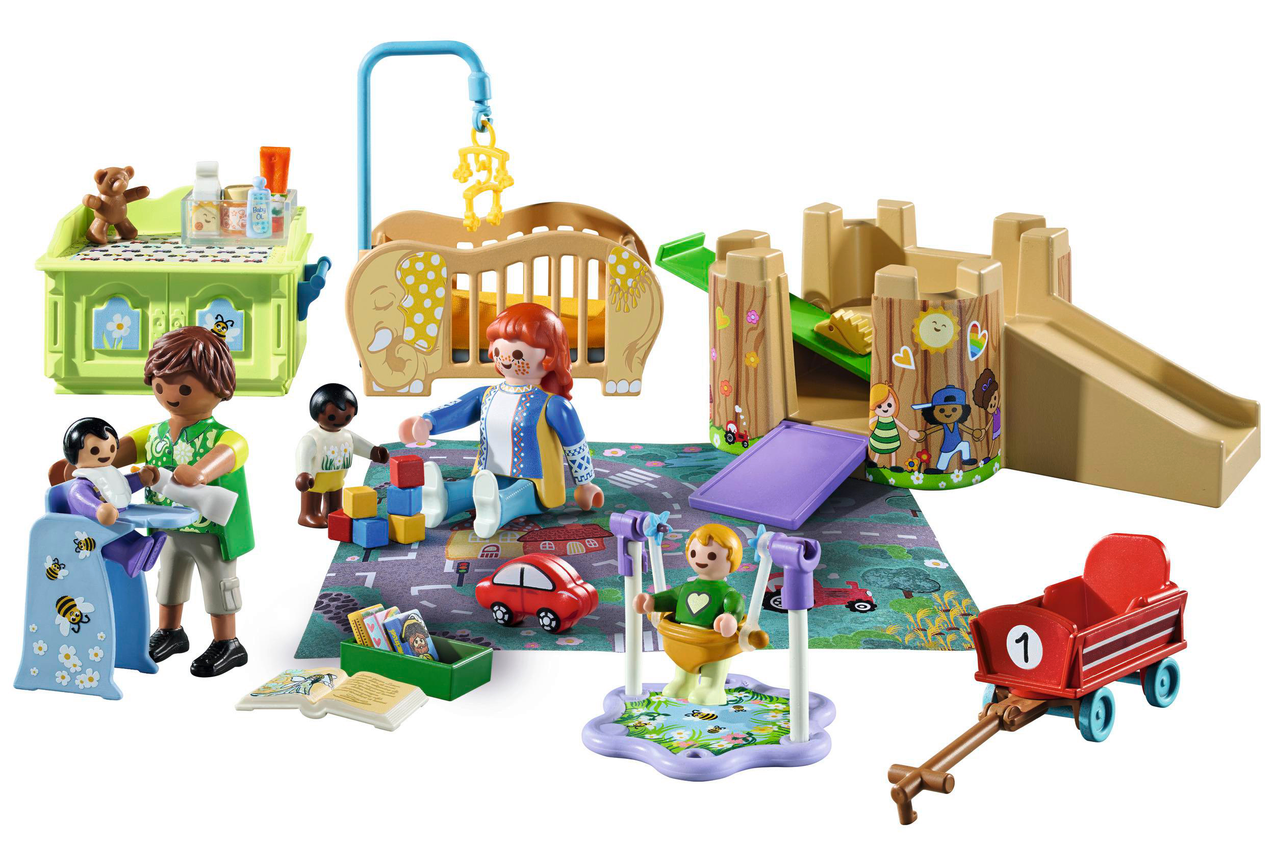 Playmobil-Kinderzimmer-Spielset mit Figuren, Krippe und Spielzeug auf einer Matte.