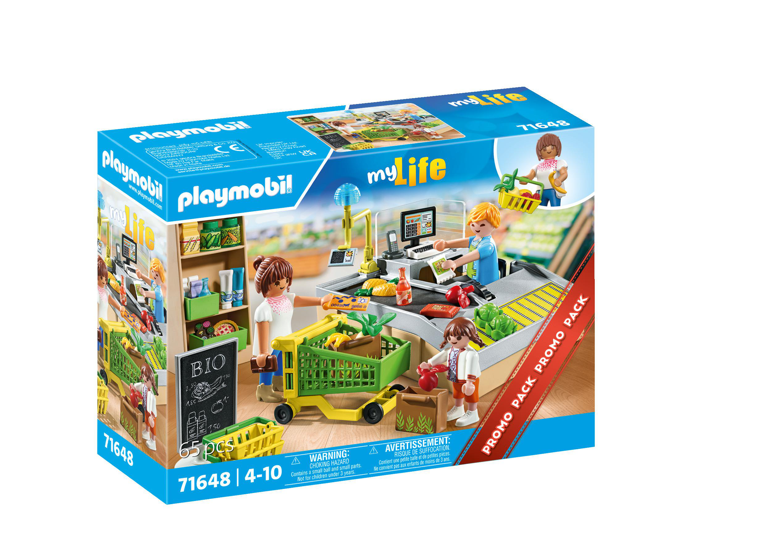 Eine Playmobil-Box mit einer Supermarktszene. Figuren kaufen ein. Die Box hat ein myLife-Logo.