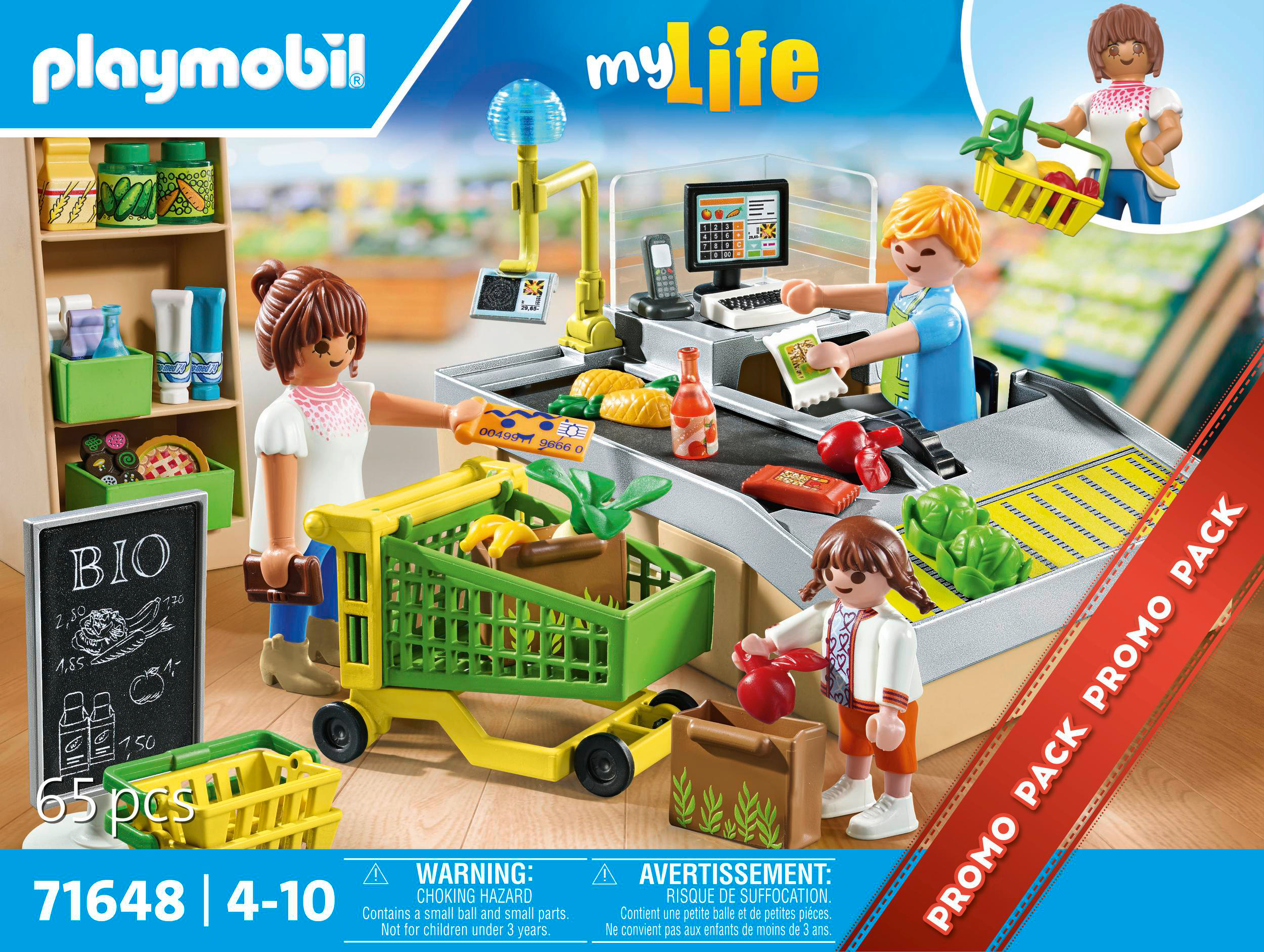 Ein Playmobil-Set zeigt eine Supermarktszene mit Figuren und einer Kasse.