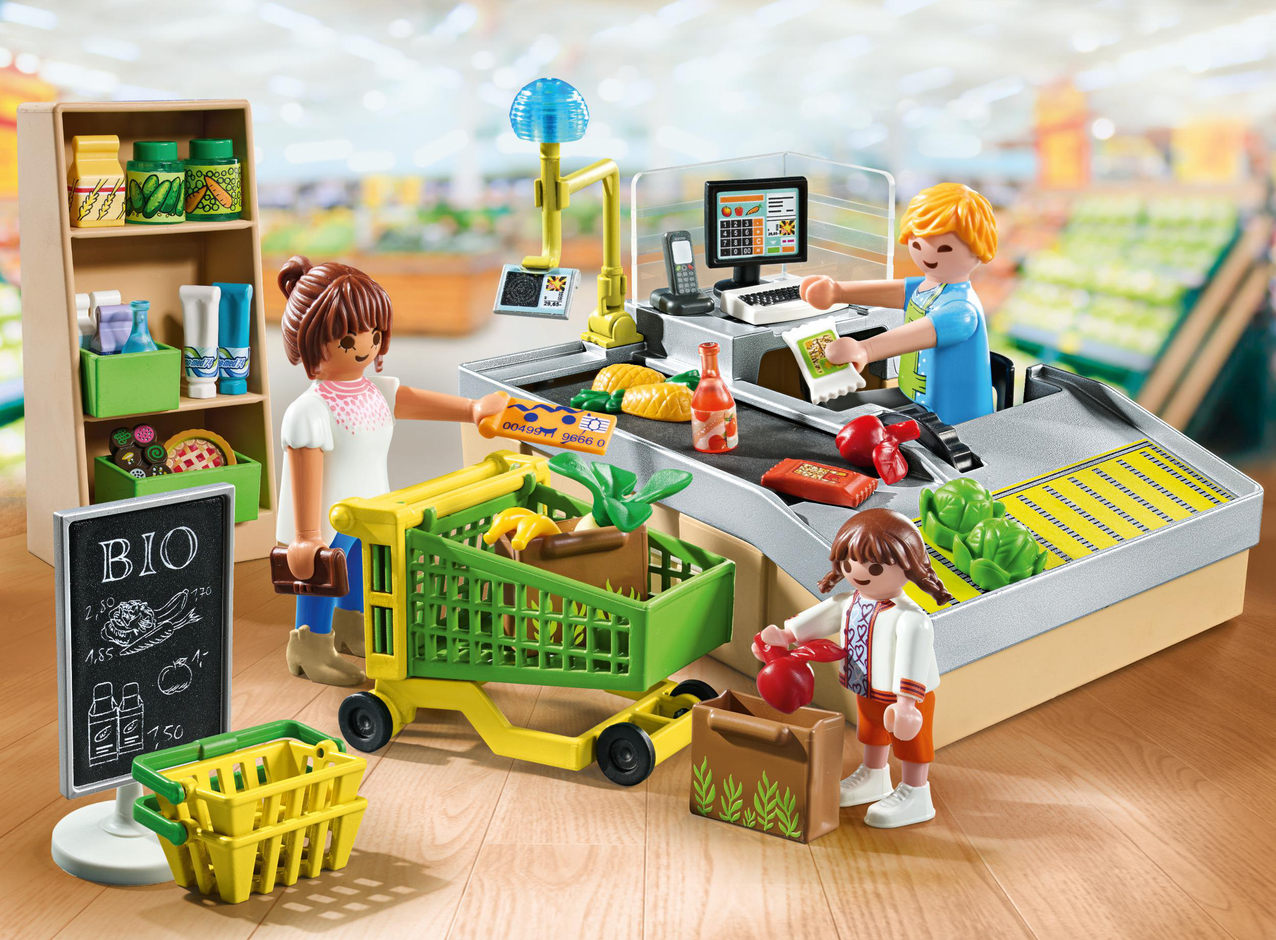 Playmobil-Supermarktszene mit Figuren, Einkaufswagen und Regalen.